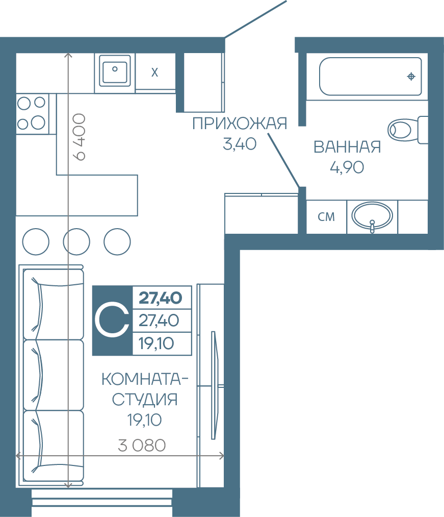 Планировка Студия 27,4 м²