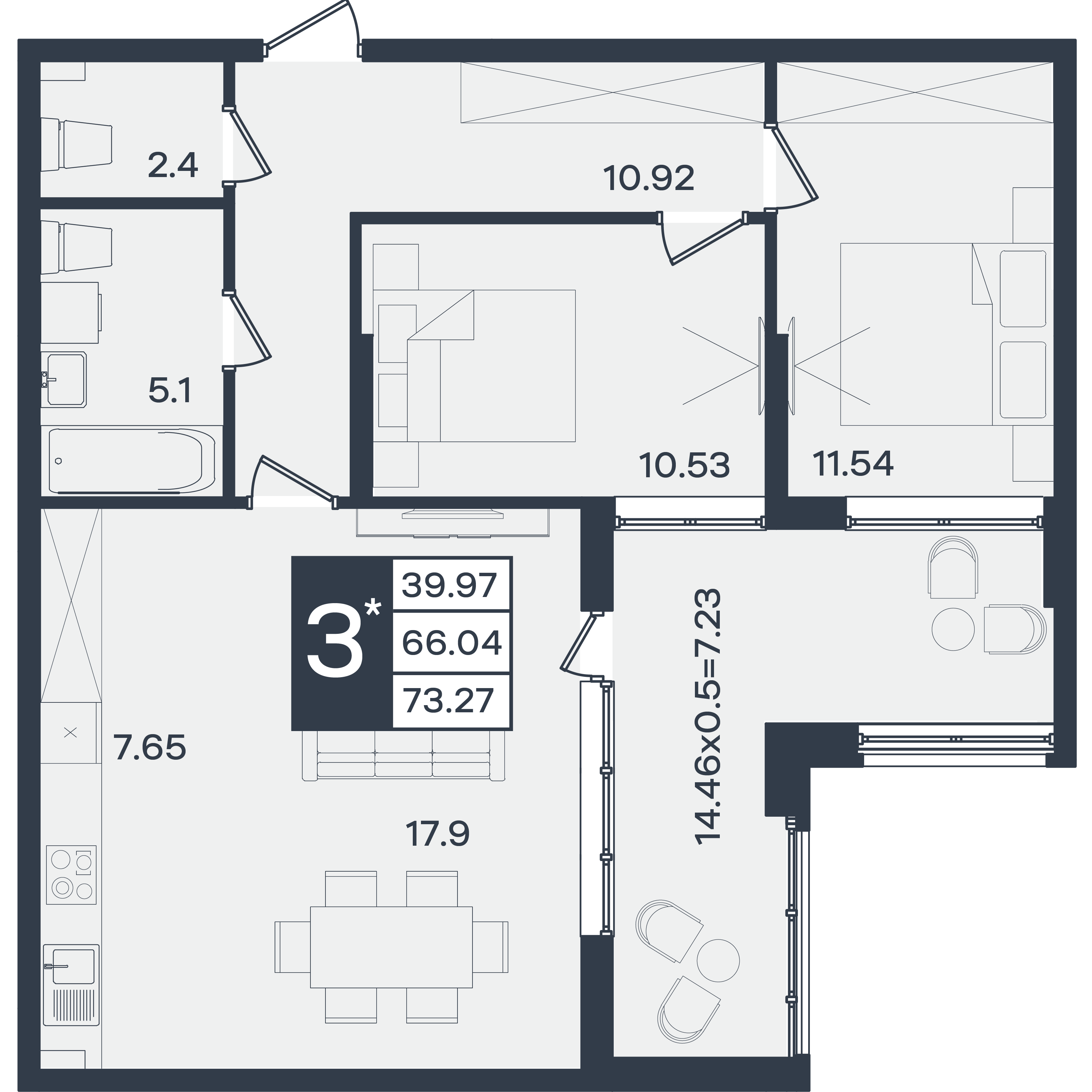 Планировка 3-комнатная 73,27 м²