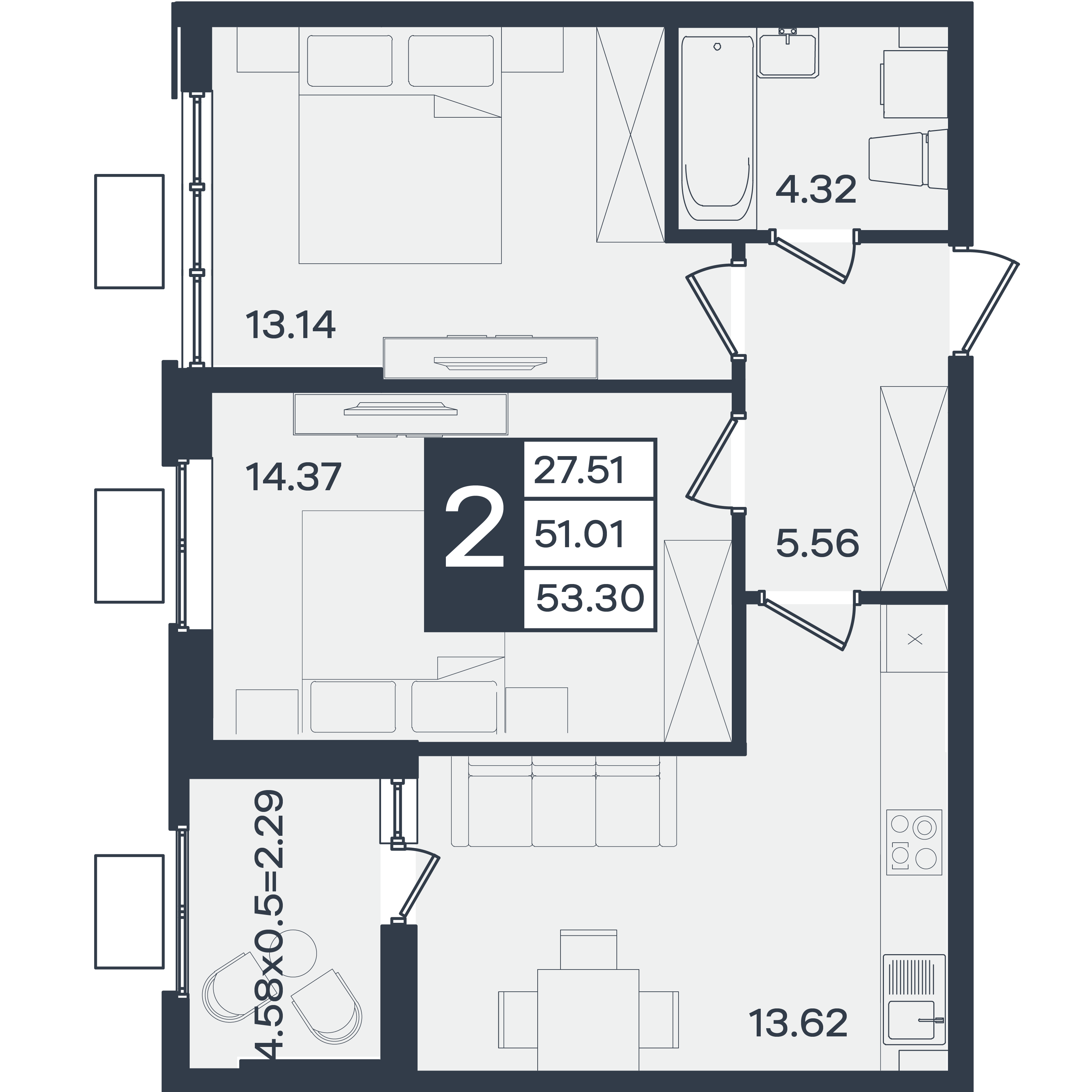 Планировка: 2-комн. квартира 53,3 м²