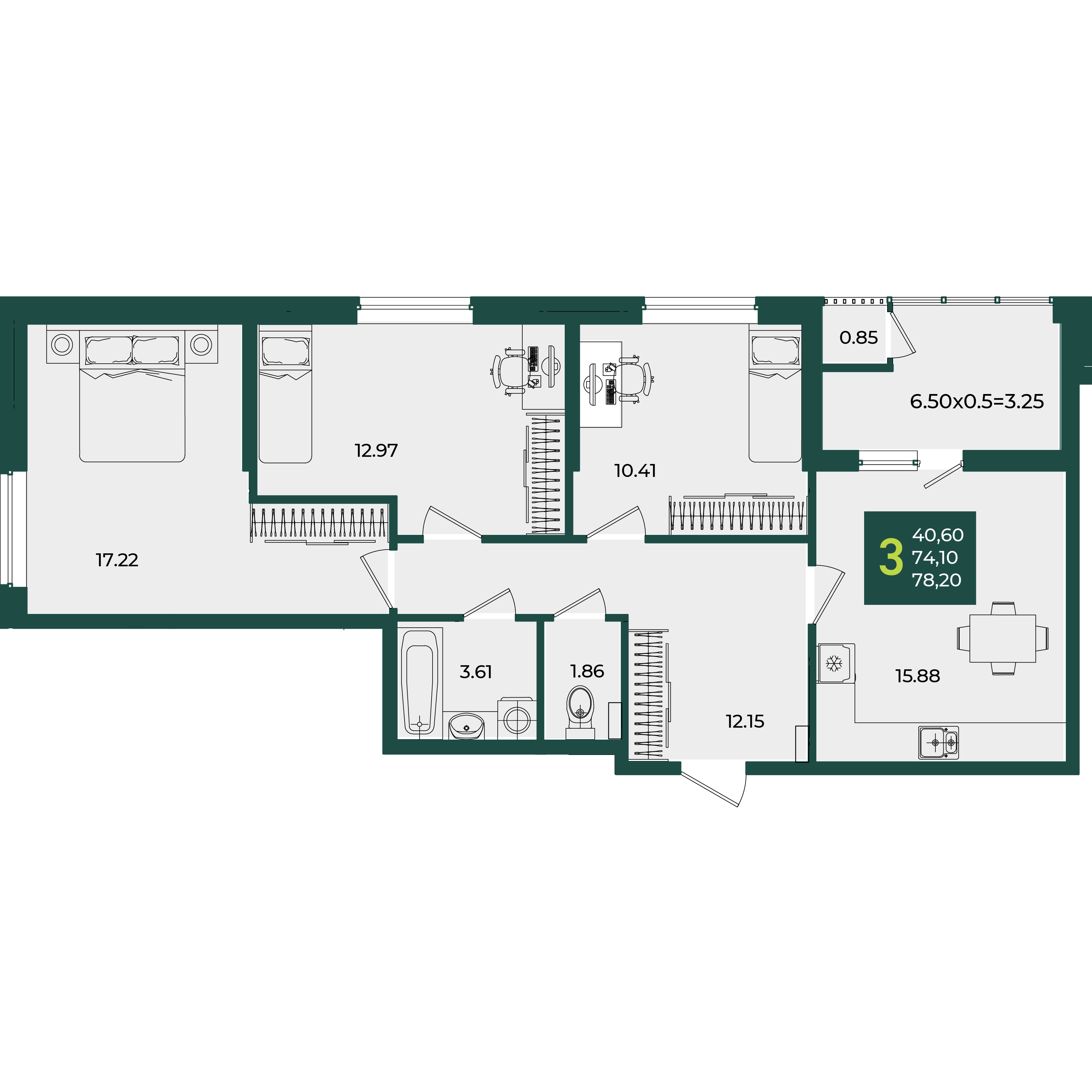 Планировка: 3-комн. квартира 78,2 м²