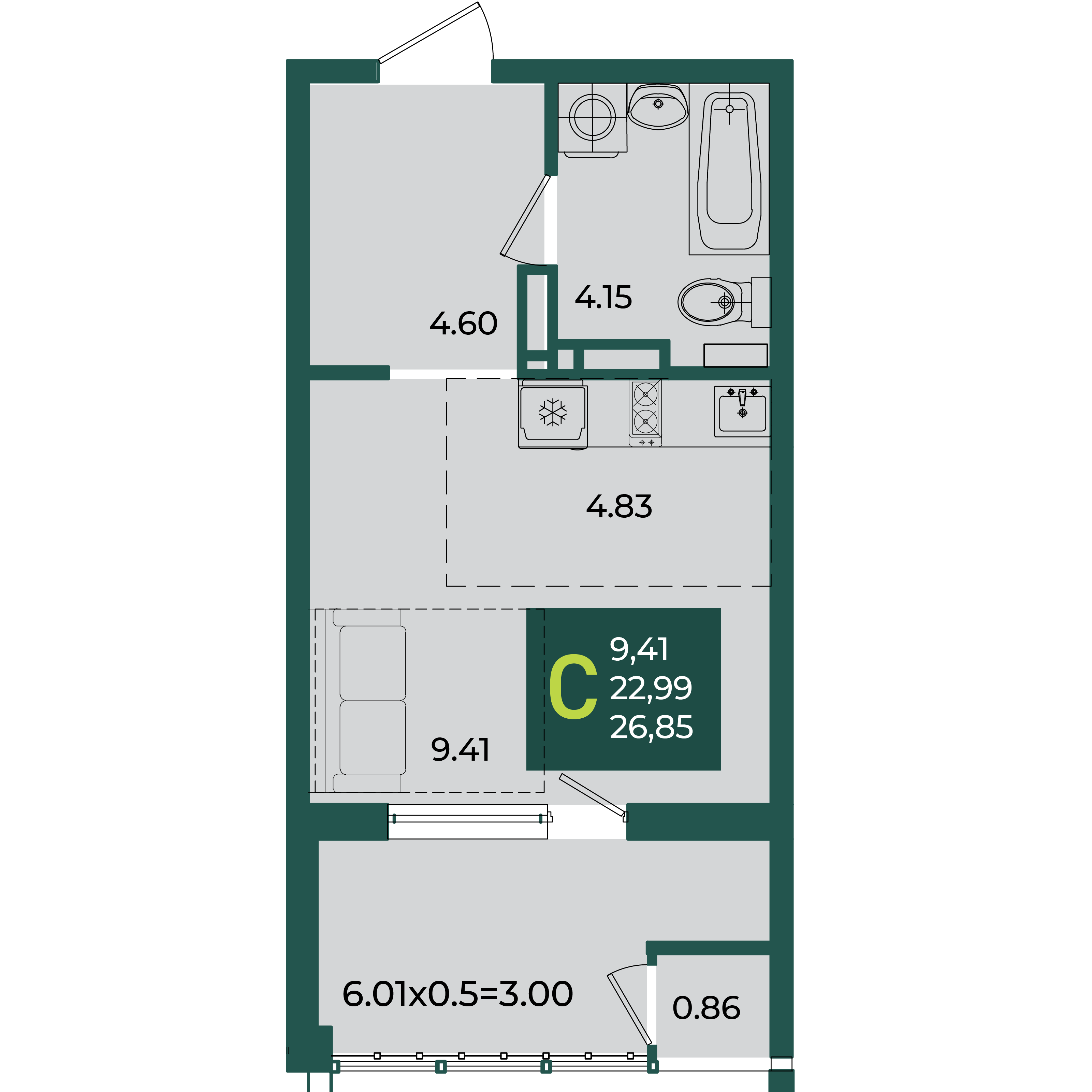 Планировка: Студия 26,9 м²
