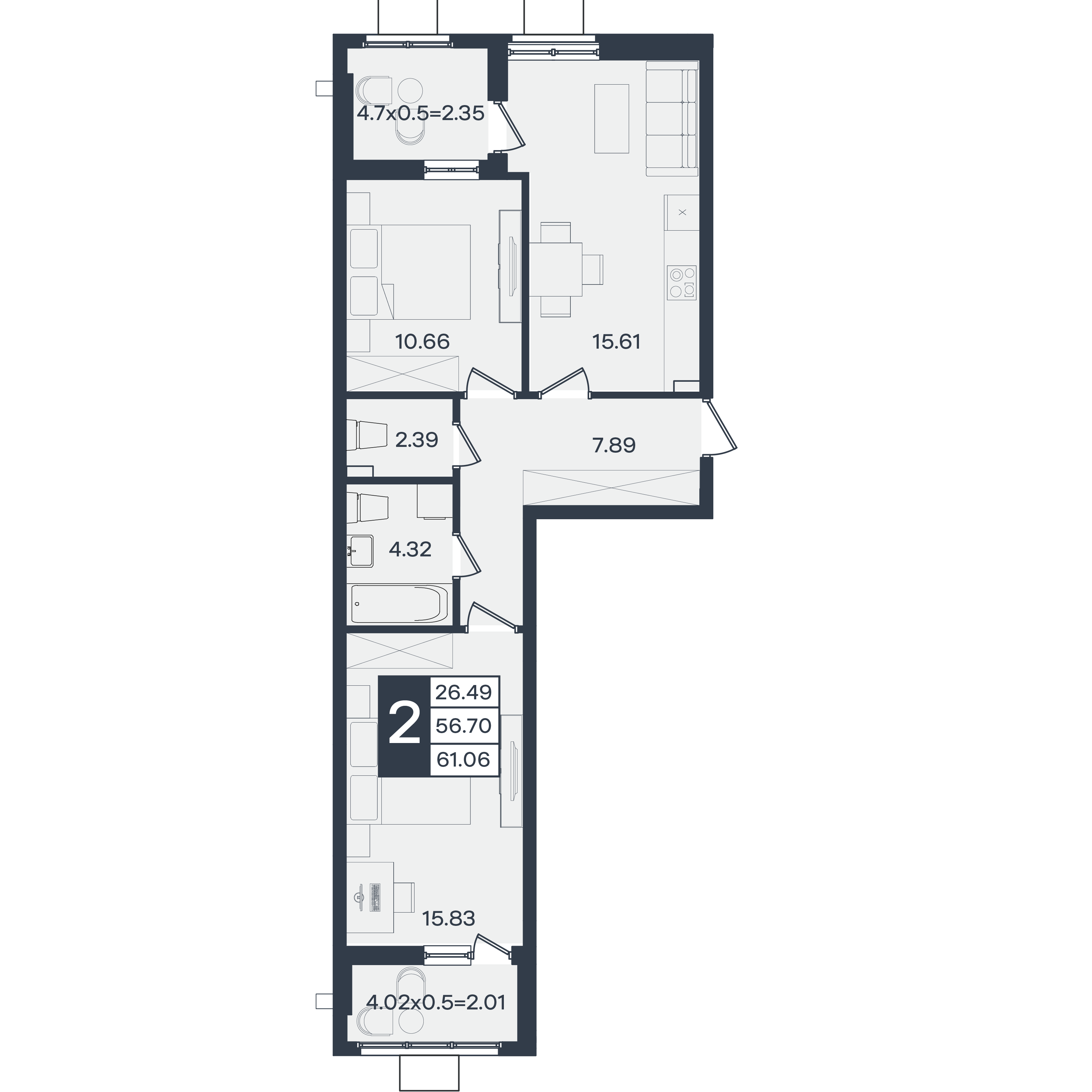 Планировка: 2-комн. квартира 61,1 м²