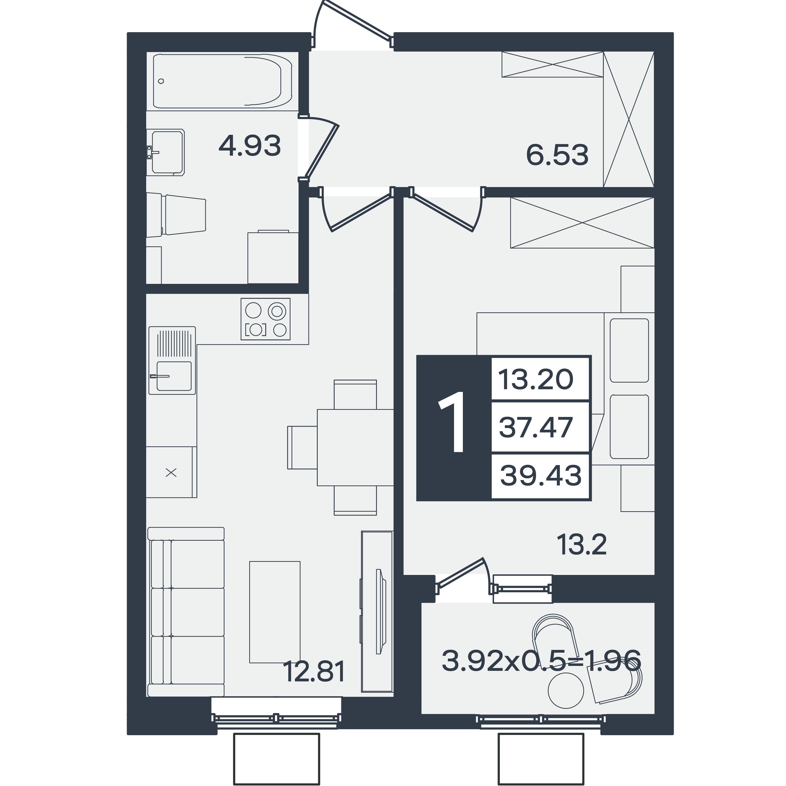 Планировка: 1-комн. квартира 39,4 м²