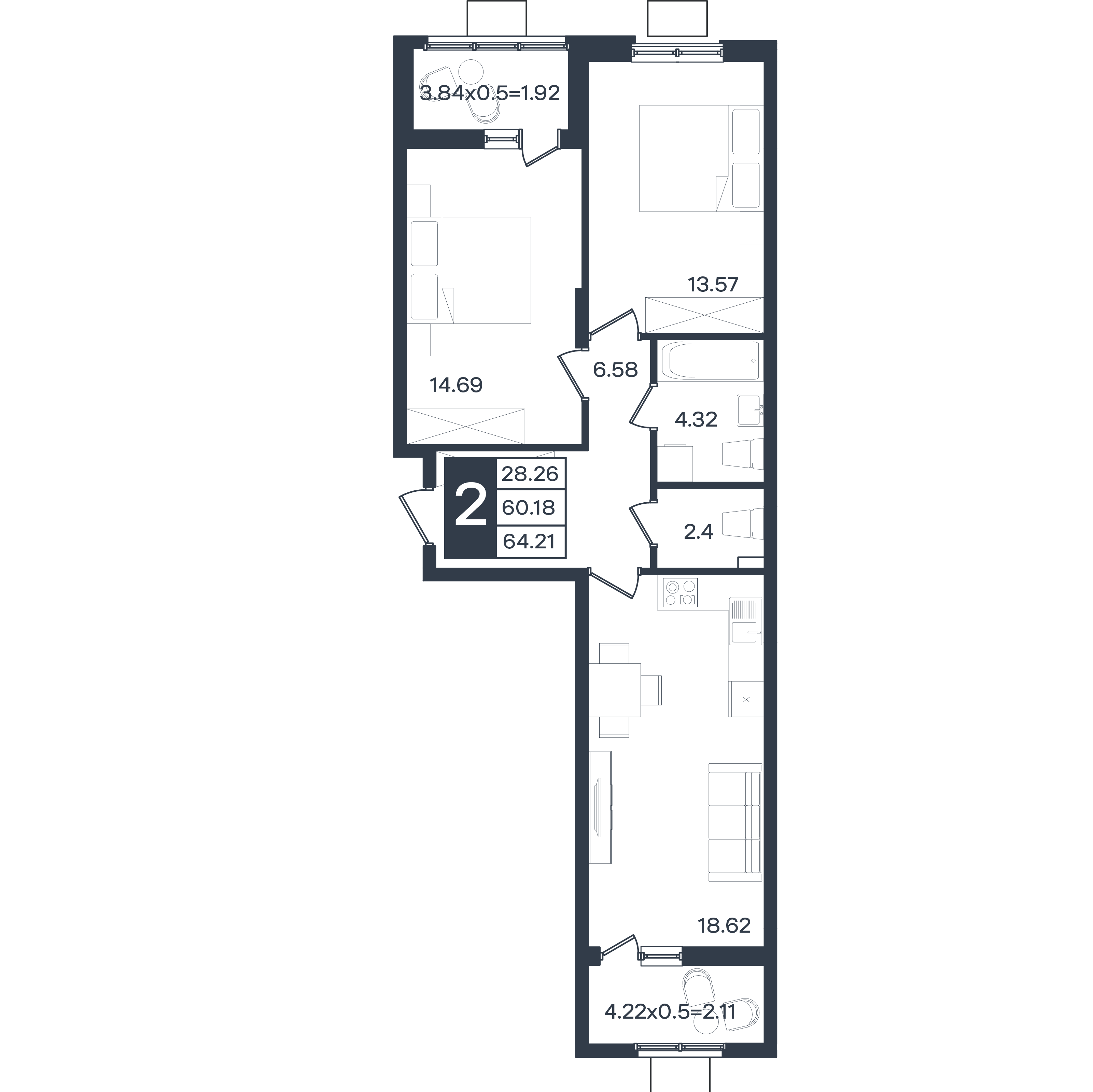 Планировка: 2-комн. квартира 64,2 м²