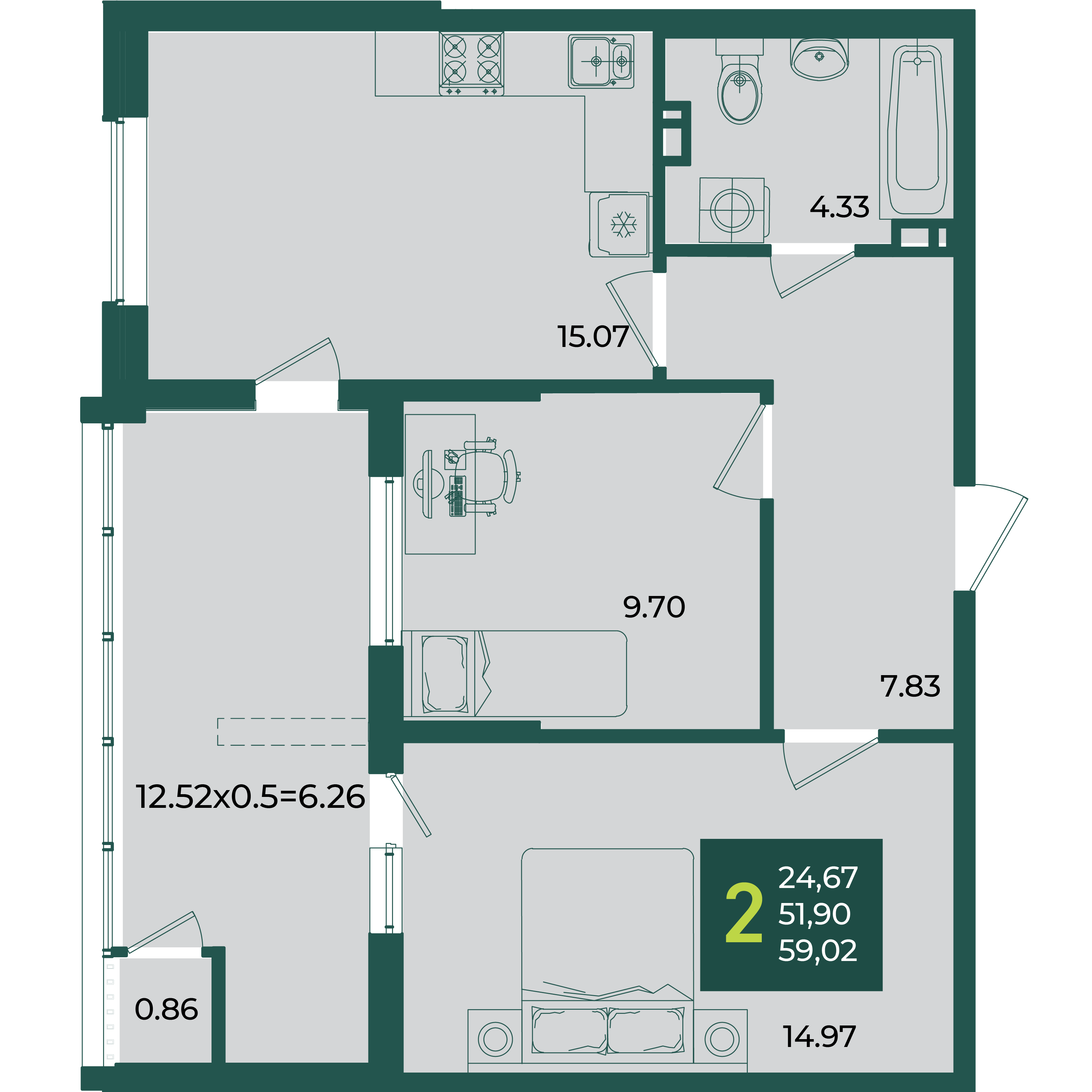 Планировка 2-комнатная 59,02 м²