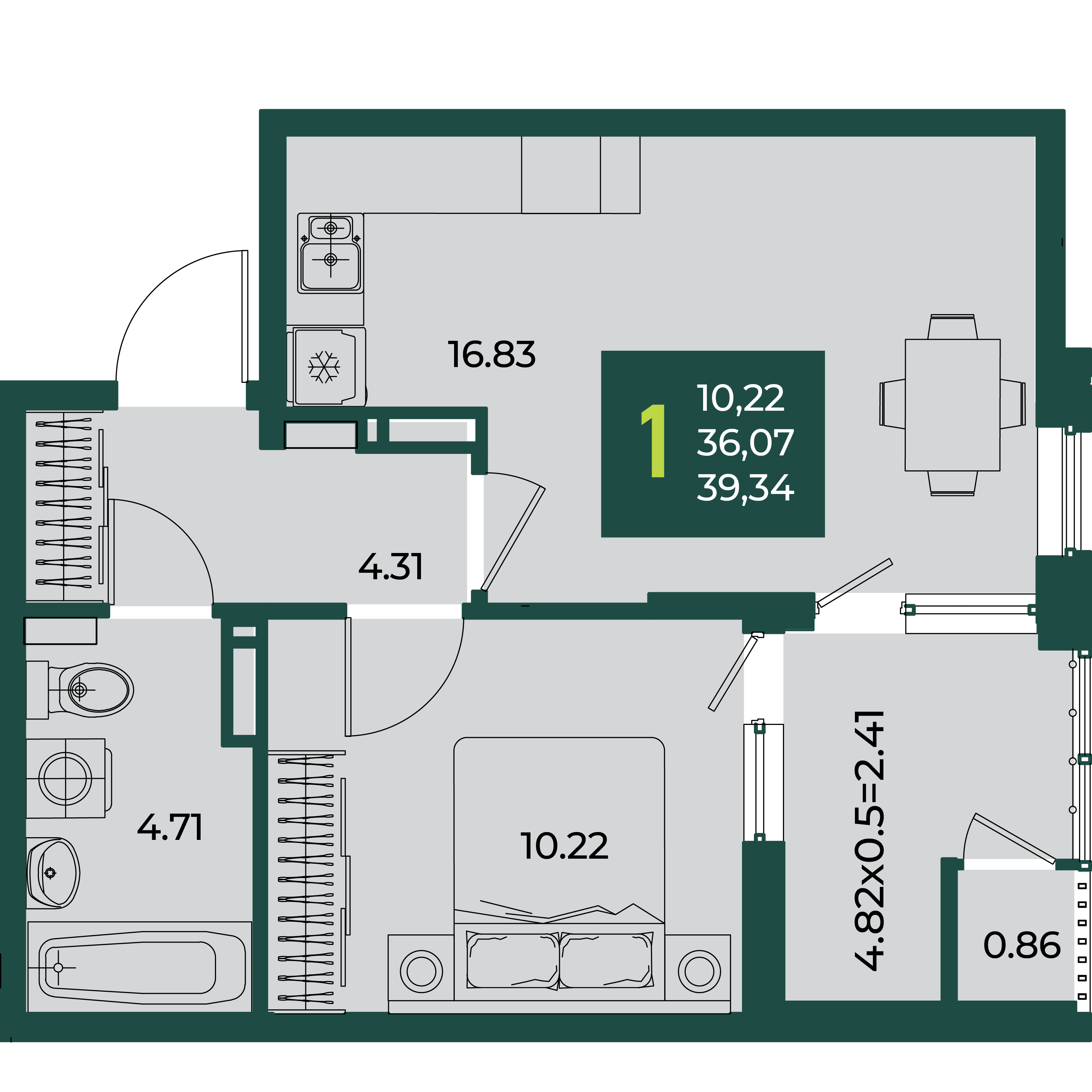 Планировка: 1-комн. квартира 39,3 м²