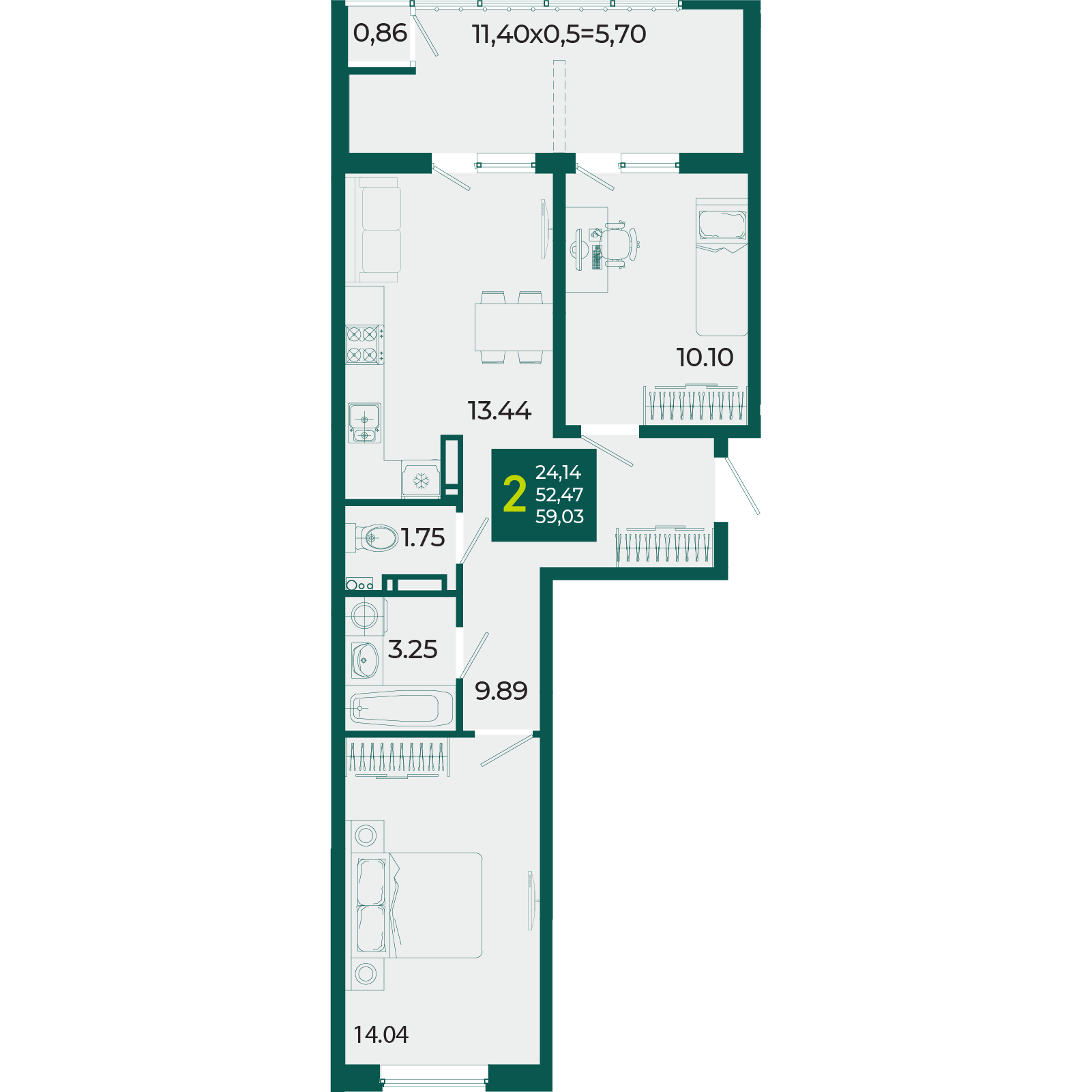 Планировка: 2-комн. квартира 59 м²