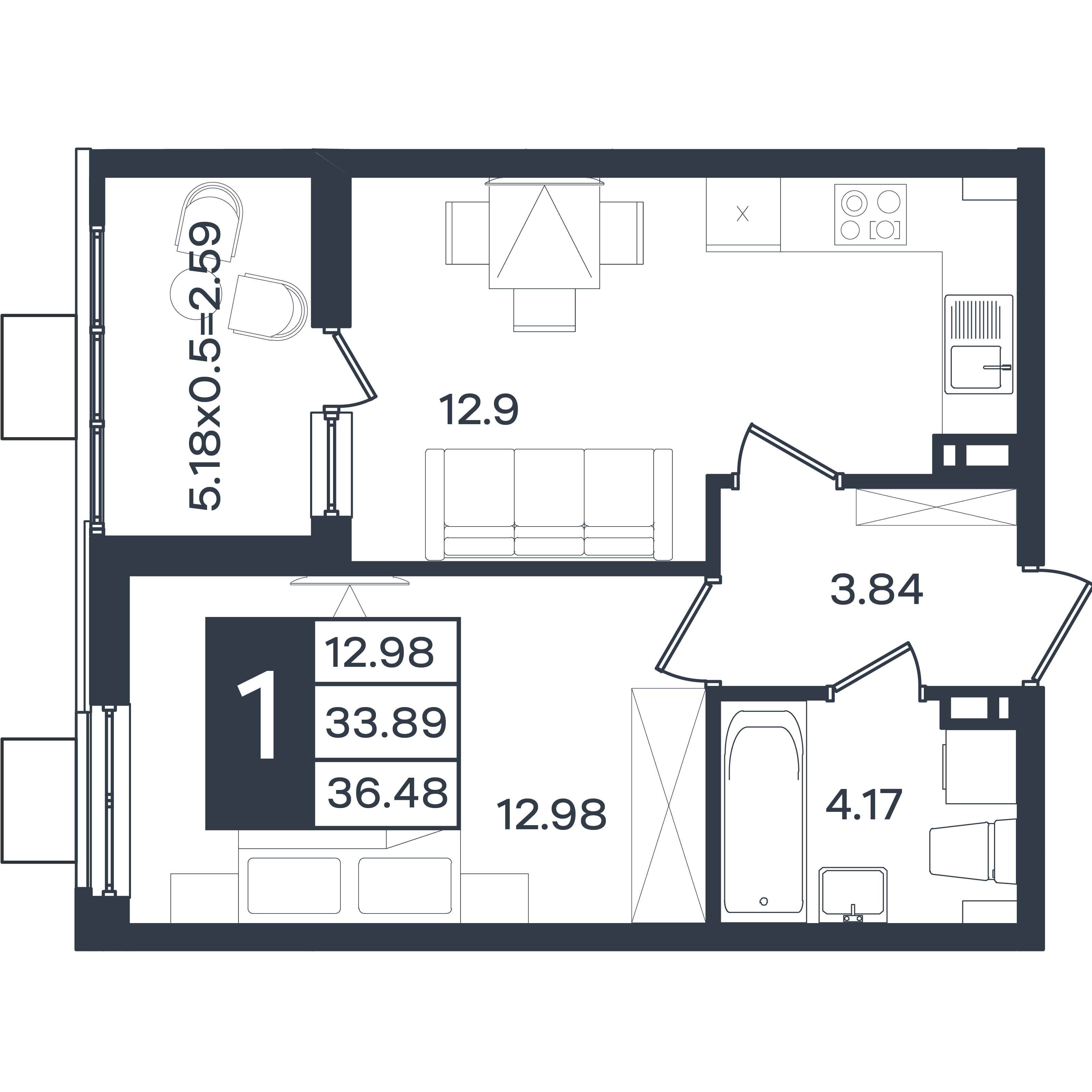 Планировка 1-комнатная 36,48 м²