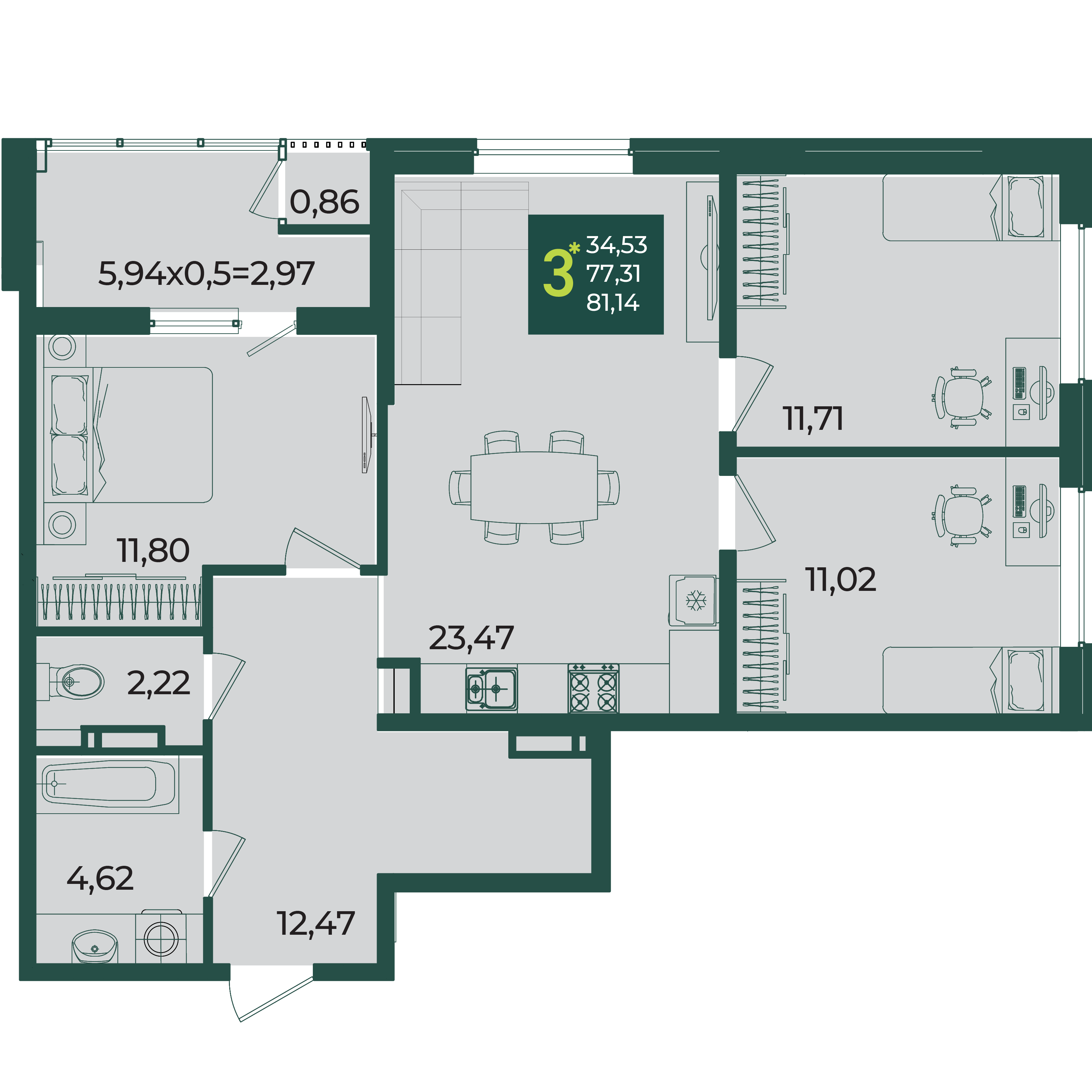 Планировка: 3-комн. квартира 81,1 м²