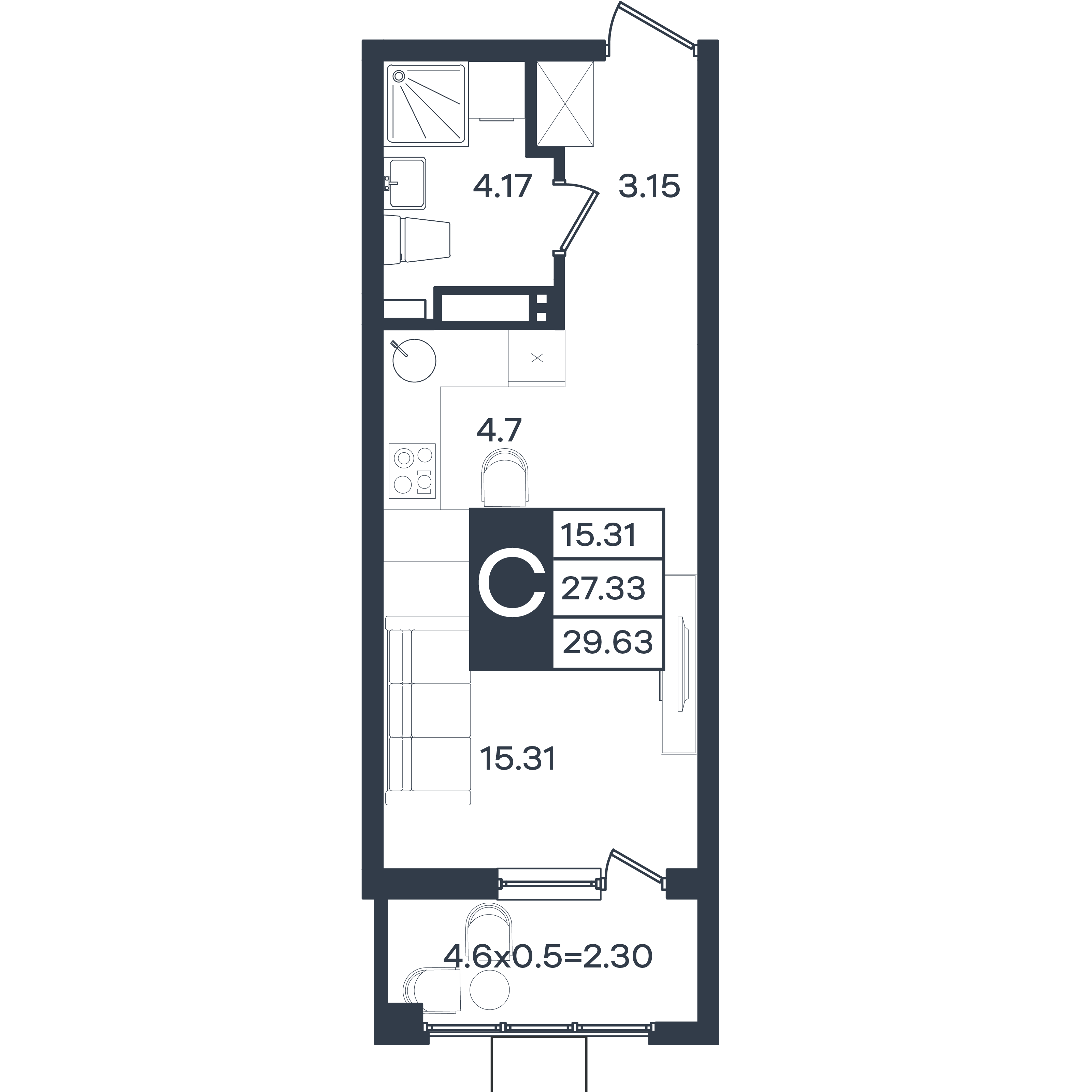 Планировка: Студия 29,6 м²