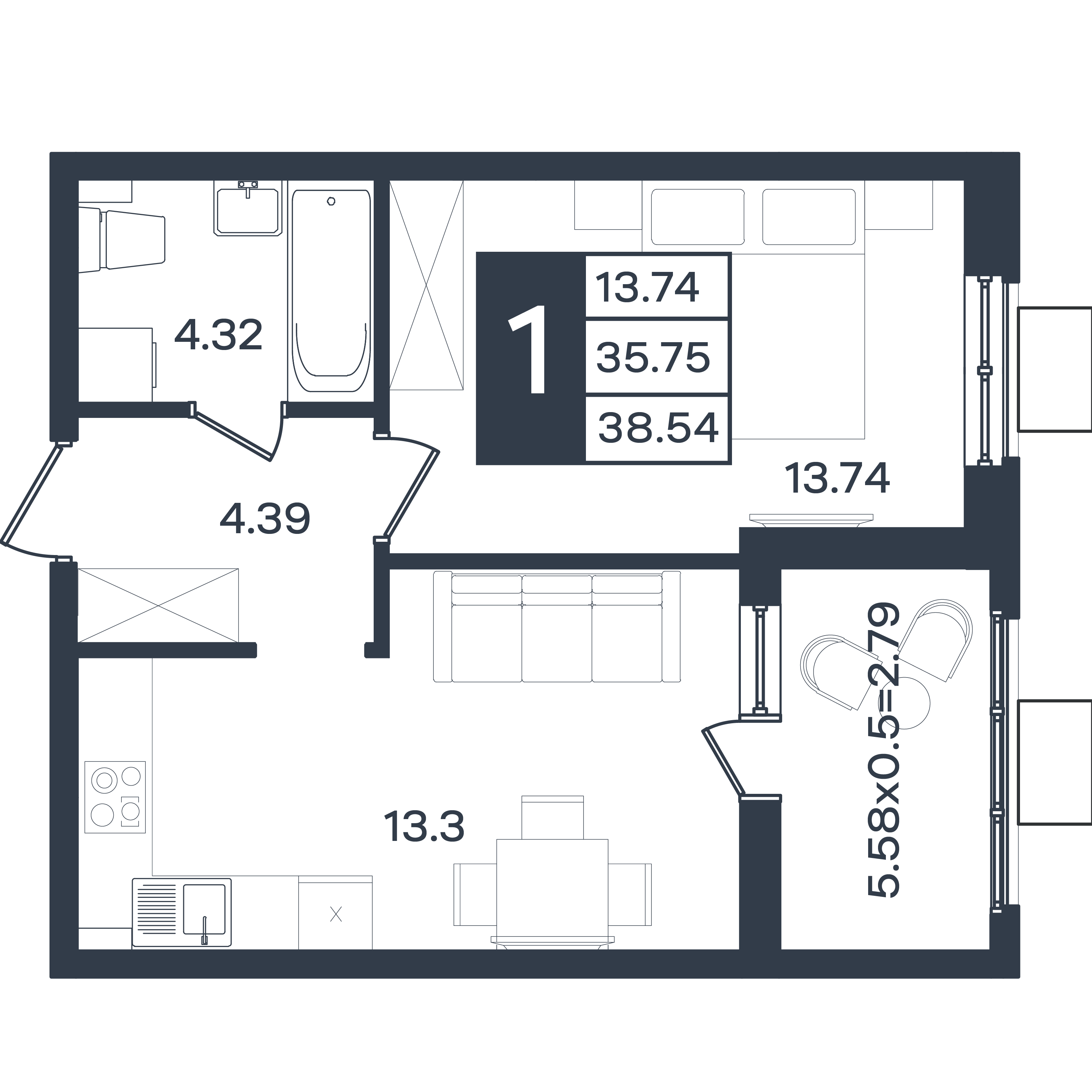 Планировка: 1-комн. квартира 38,5 м²