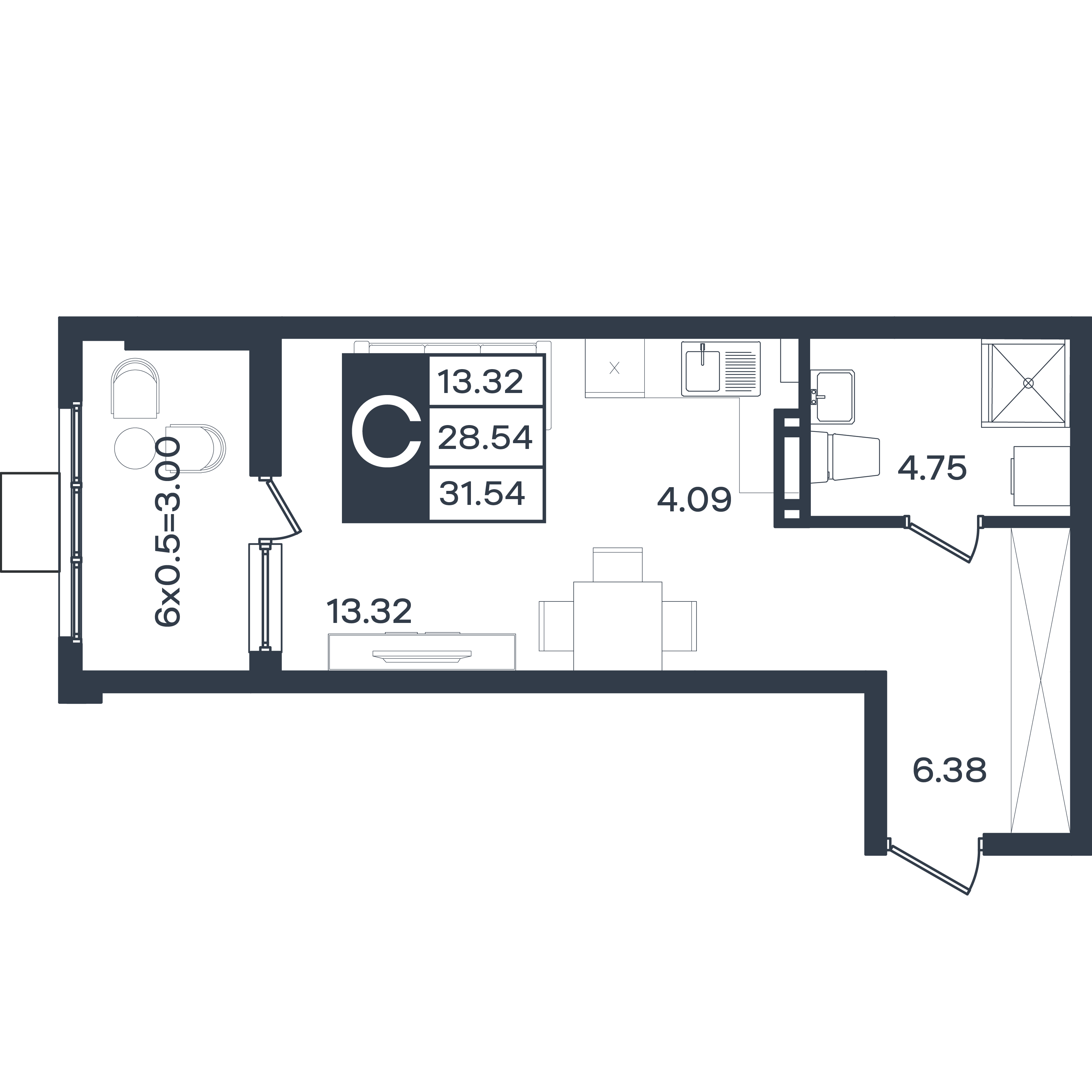 Планировка: Студия 31,5 м²