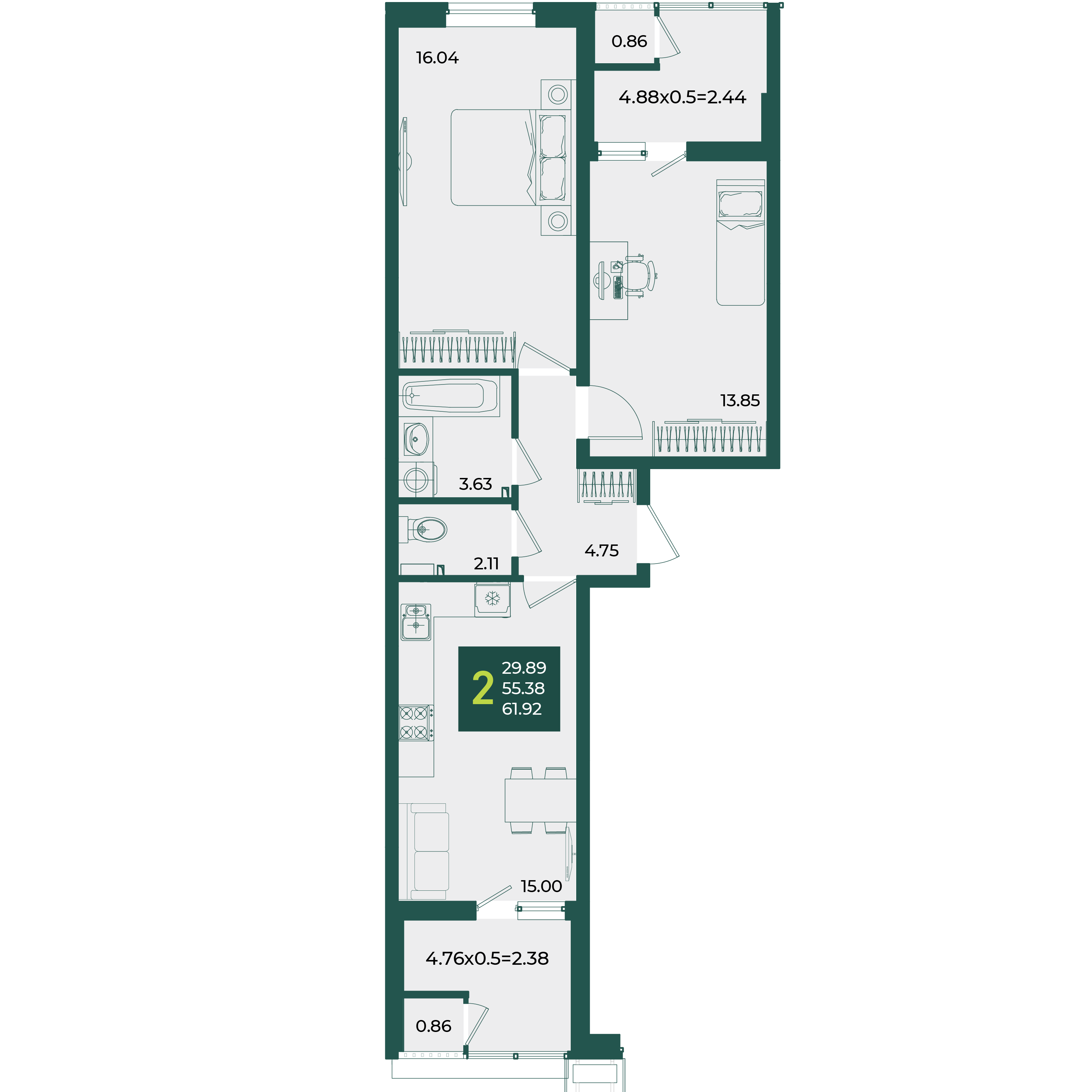 Планировка 2-комнатная 61,92 м²
