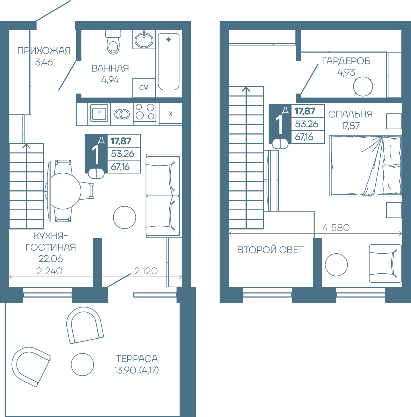 Планировка 1-комнатная 57,43 м²