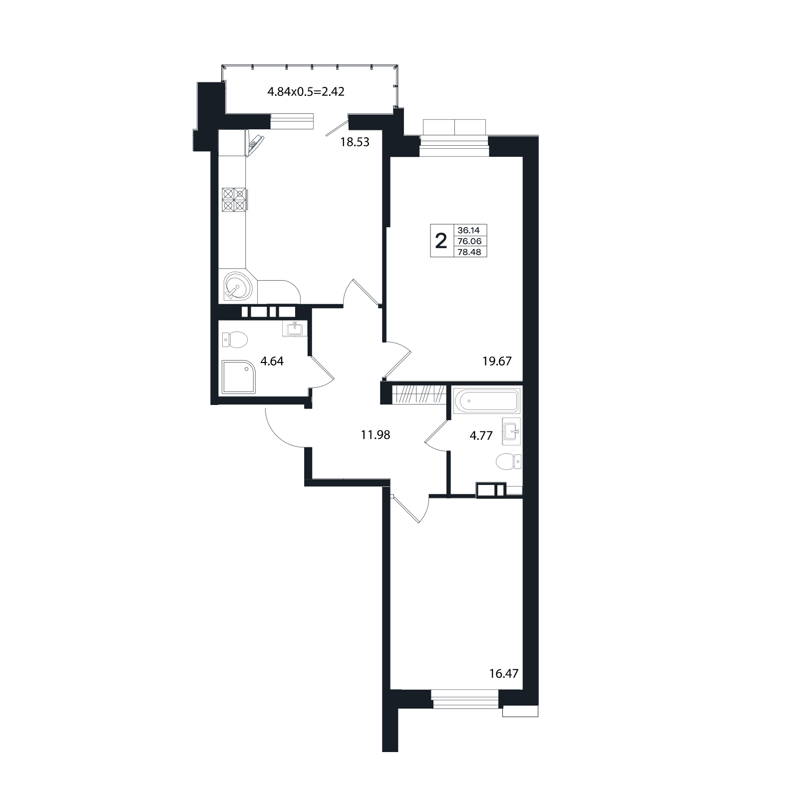 Планировка 2-комнатная 78,48 м²