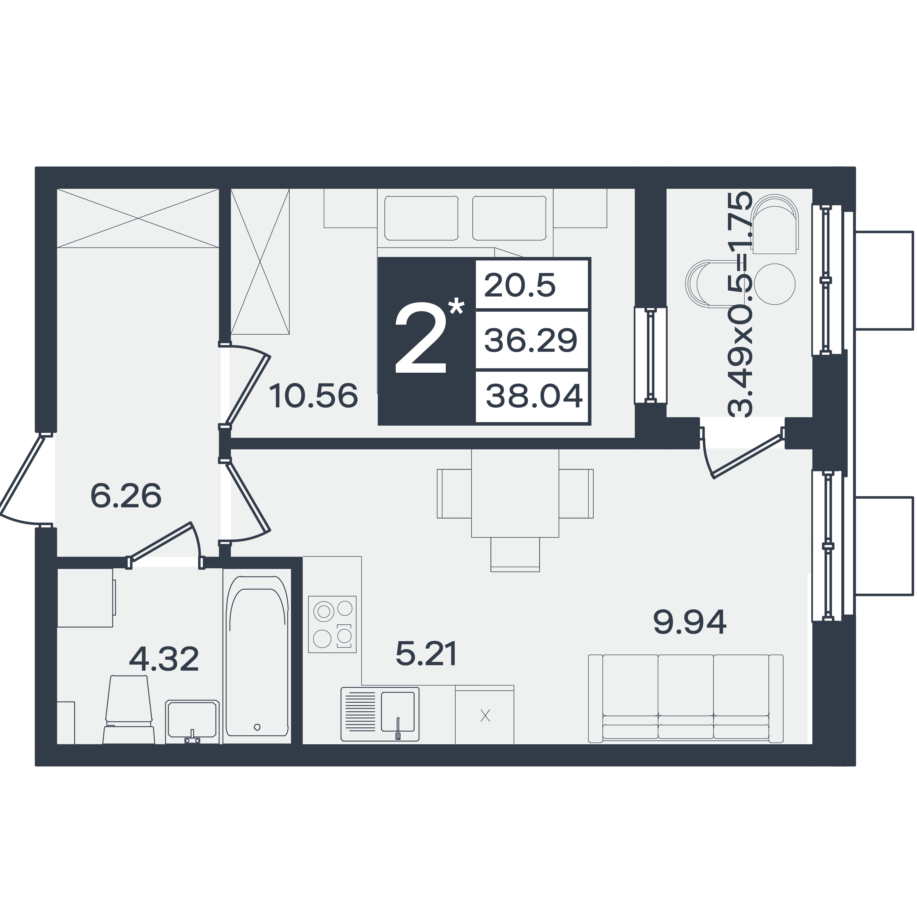 Планировка 2-комнатная 38,04 м²