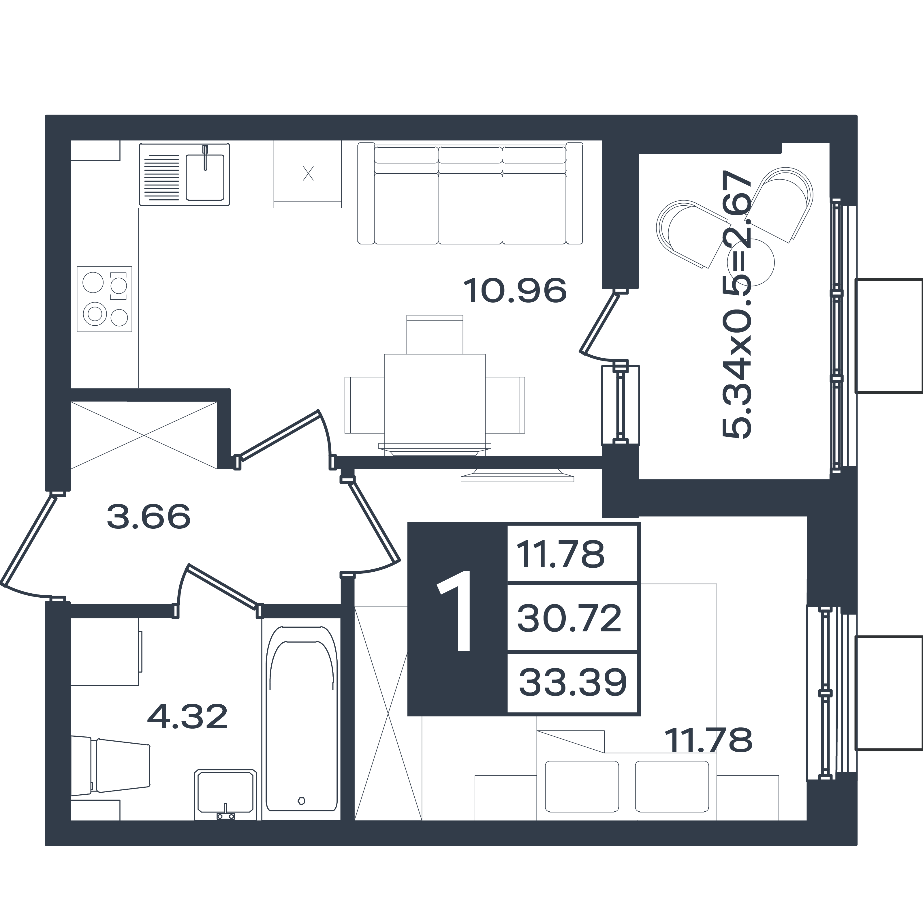 Планировка: 1-комн. квартира 33,4 м²