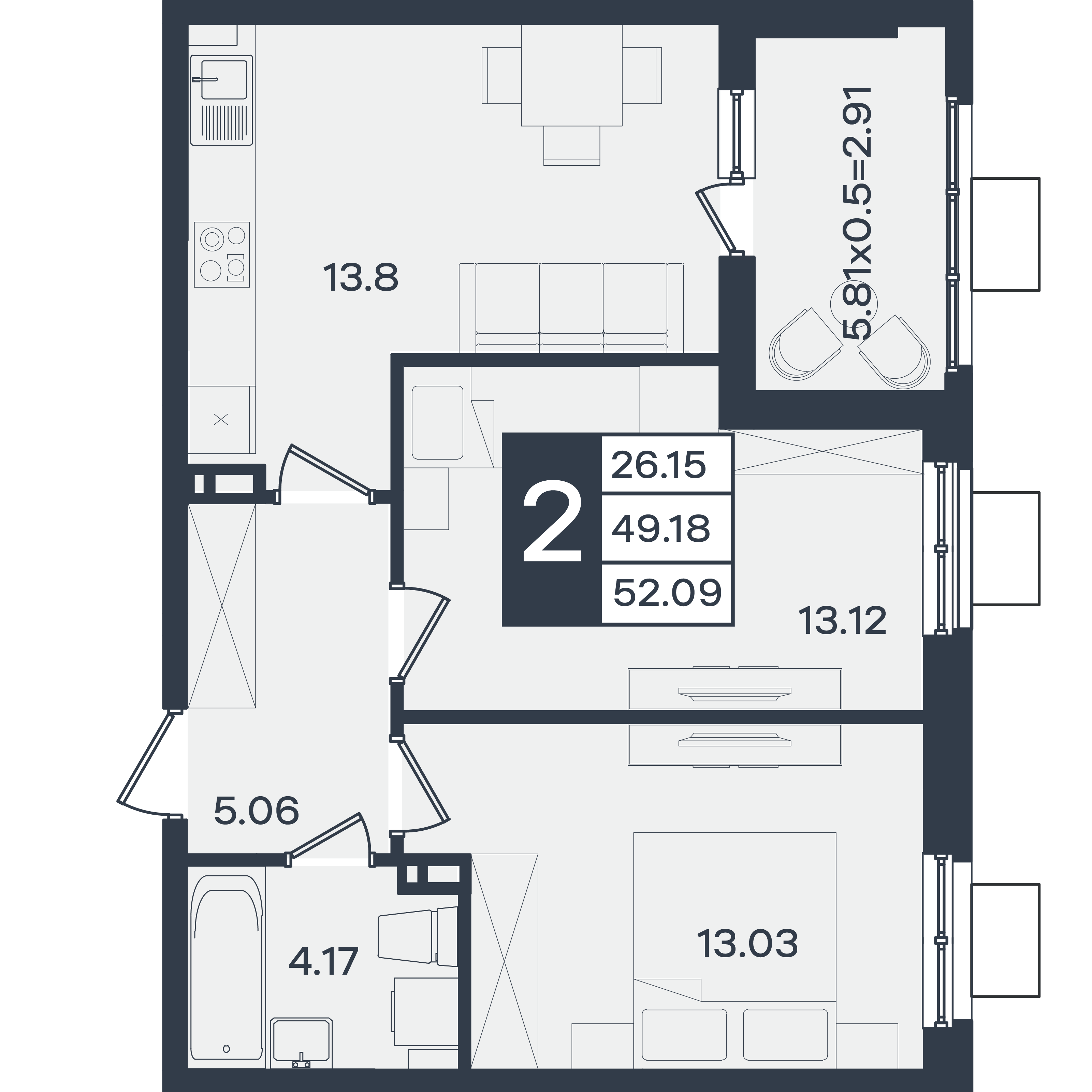 Планировка 2-комнатная 52,09 м²