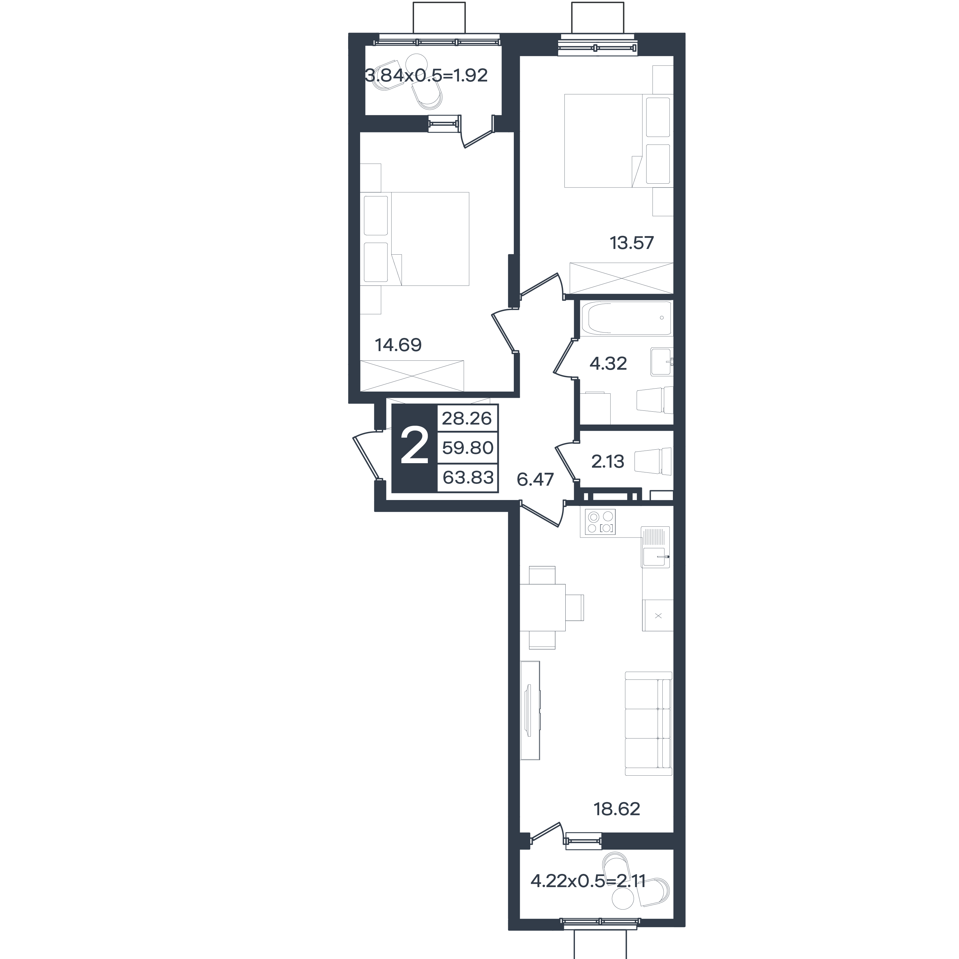 Планировка: 2-комн. квартира 63,8 м²