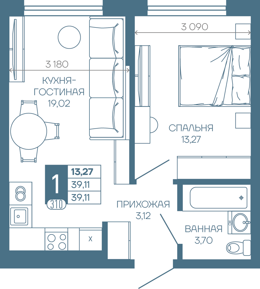 Планировка 1-комнатная 39,11 м²