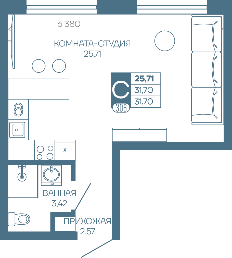 Планировка Студия 31,7 м²