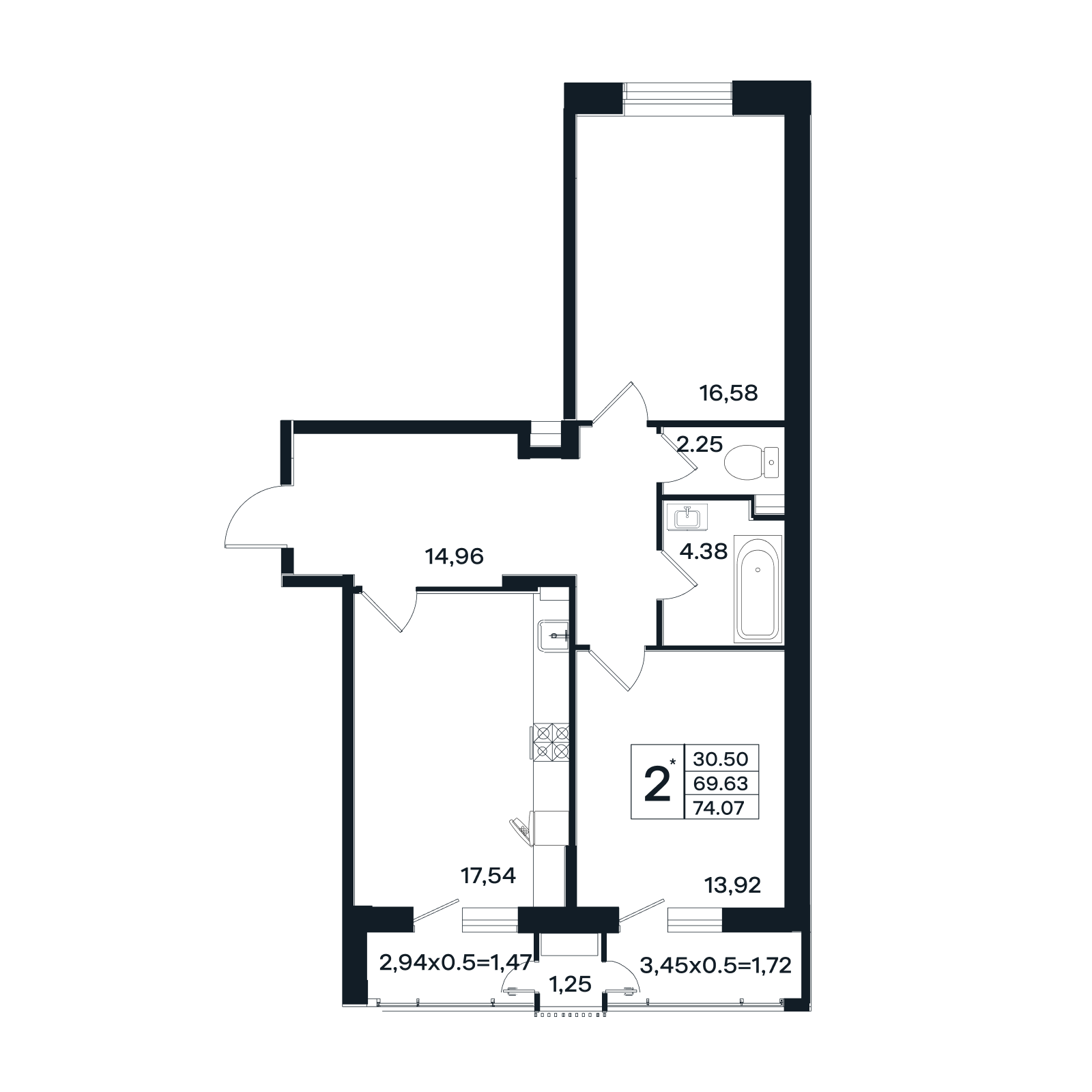 Планировка 2-комнатная 74,07 м²