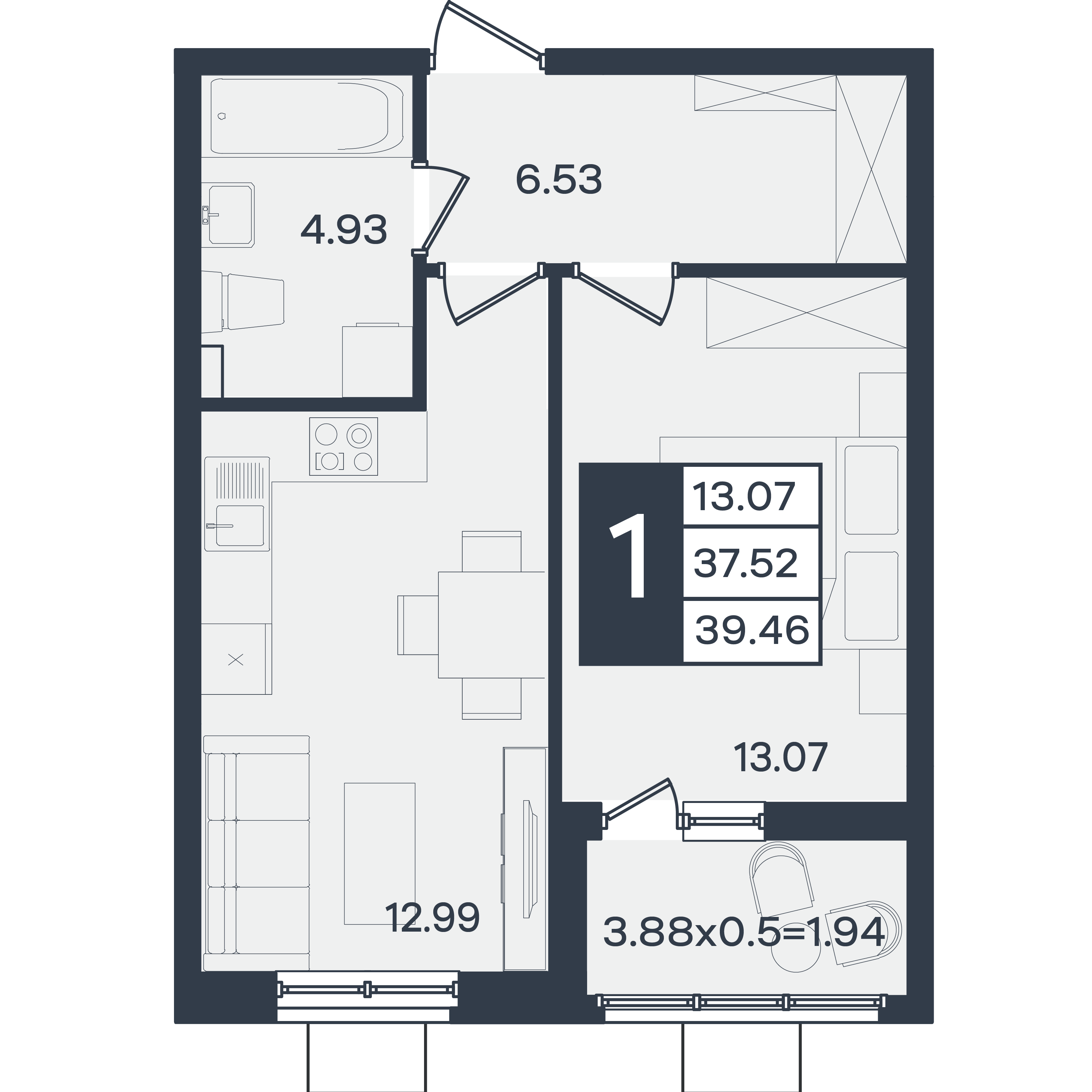 Планировка: 1-комн. квартира 39,5 м²