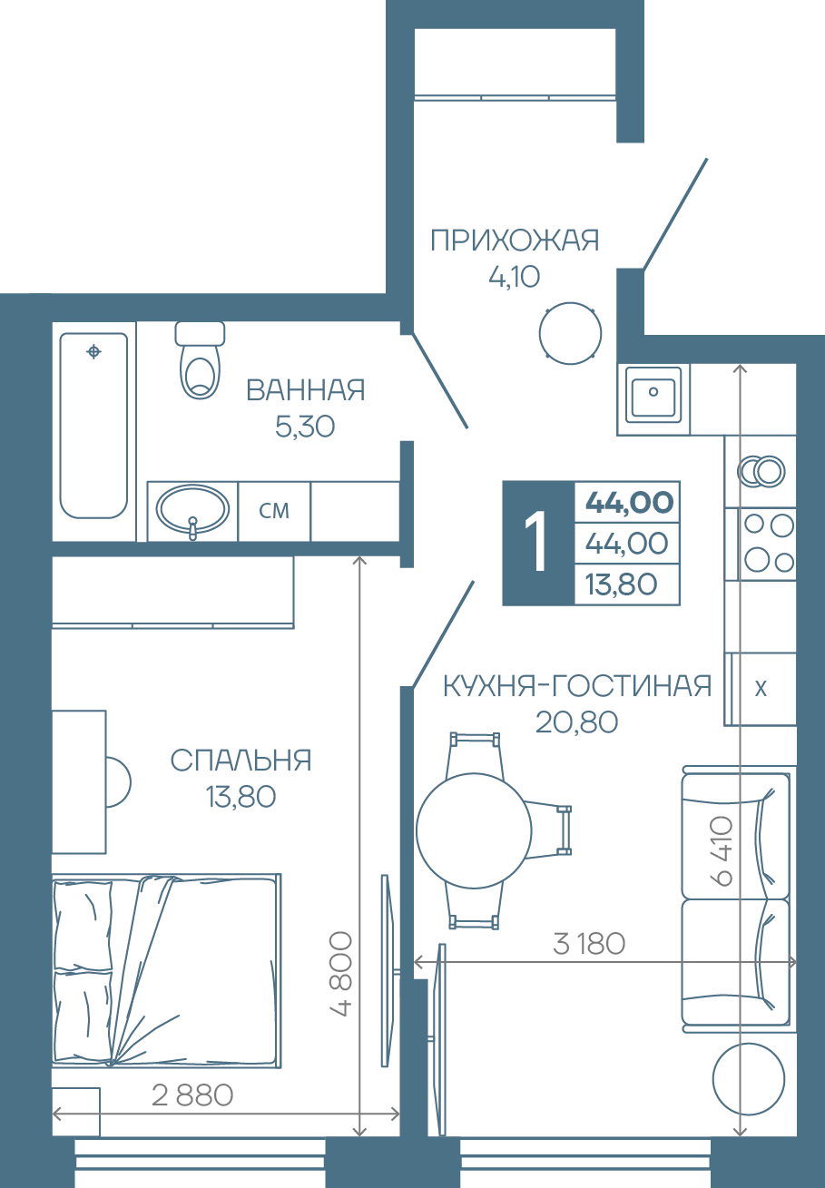 Планировка 1-комнатная 44 м²
