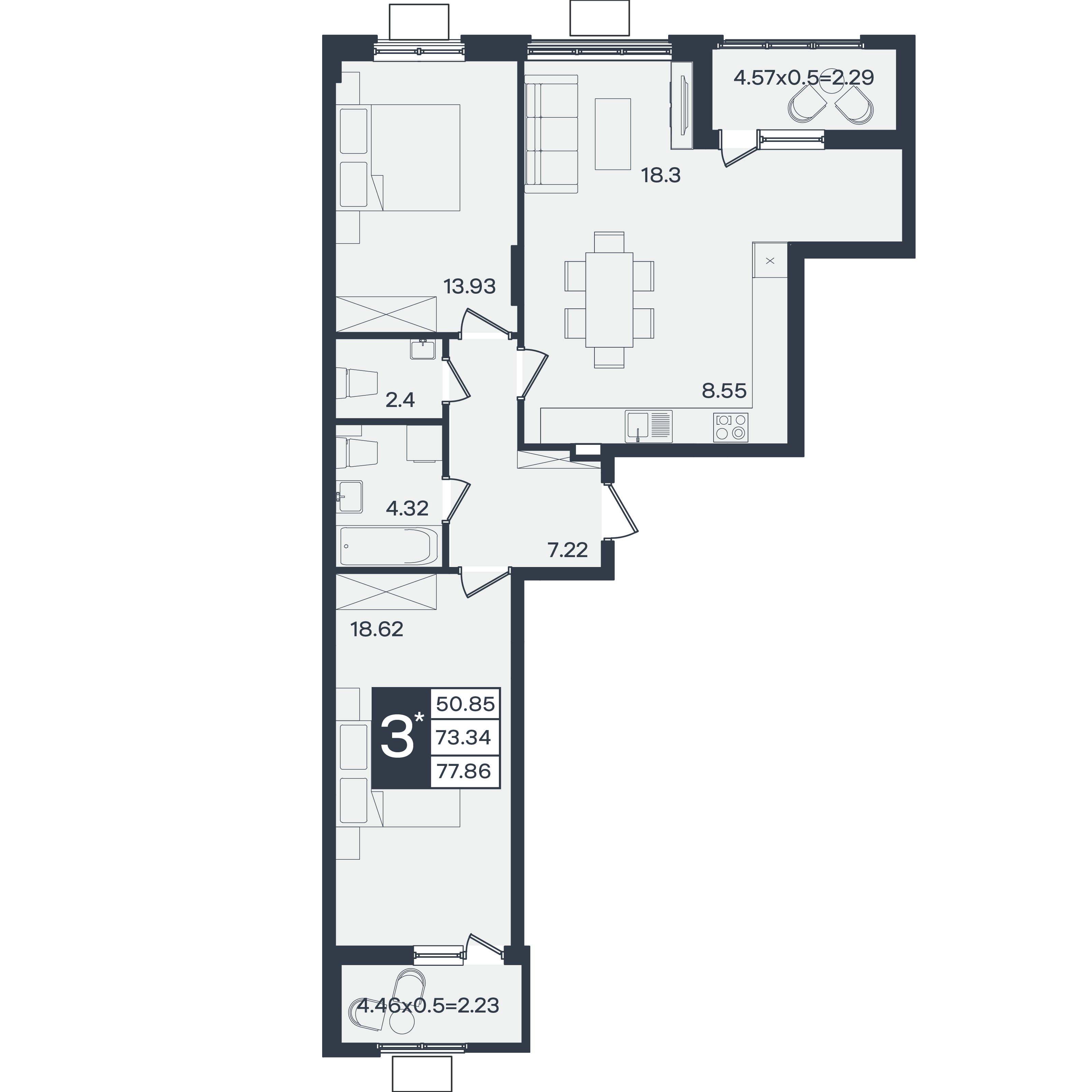 Планировка: 3-комн. квартира 77,9 м²