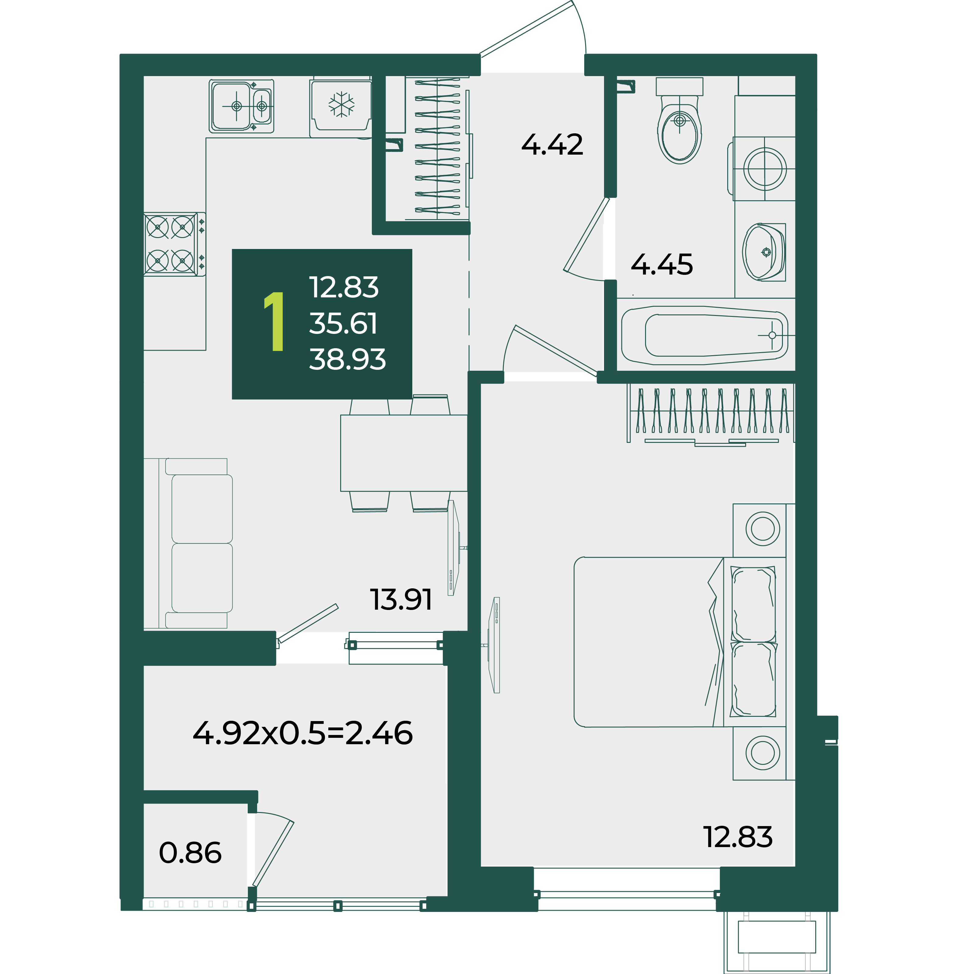 Планировка: 1-комн. квартира 38,9 м²