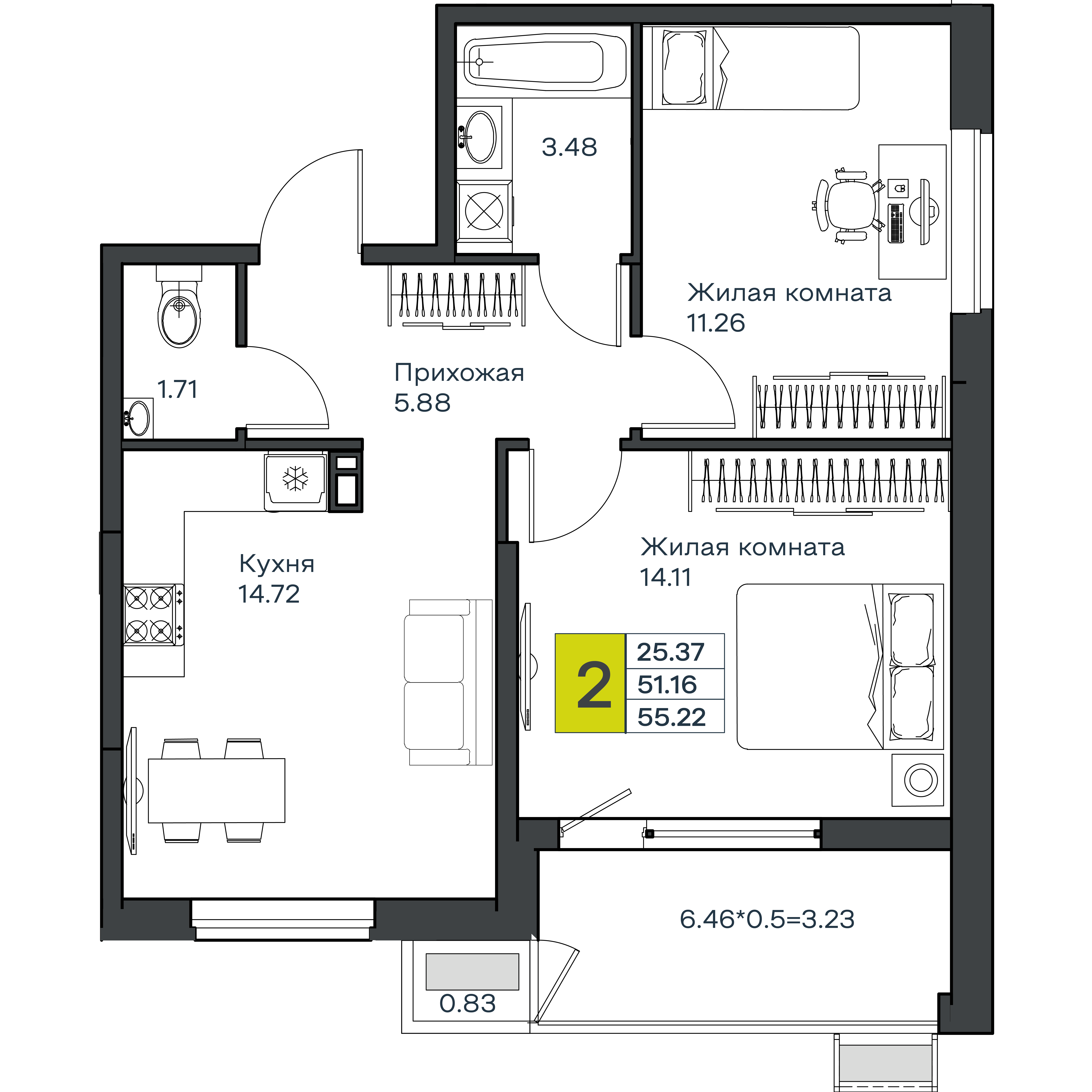 Планировка 2-комнатная 55,22 м²