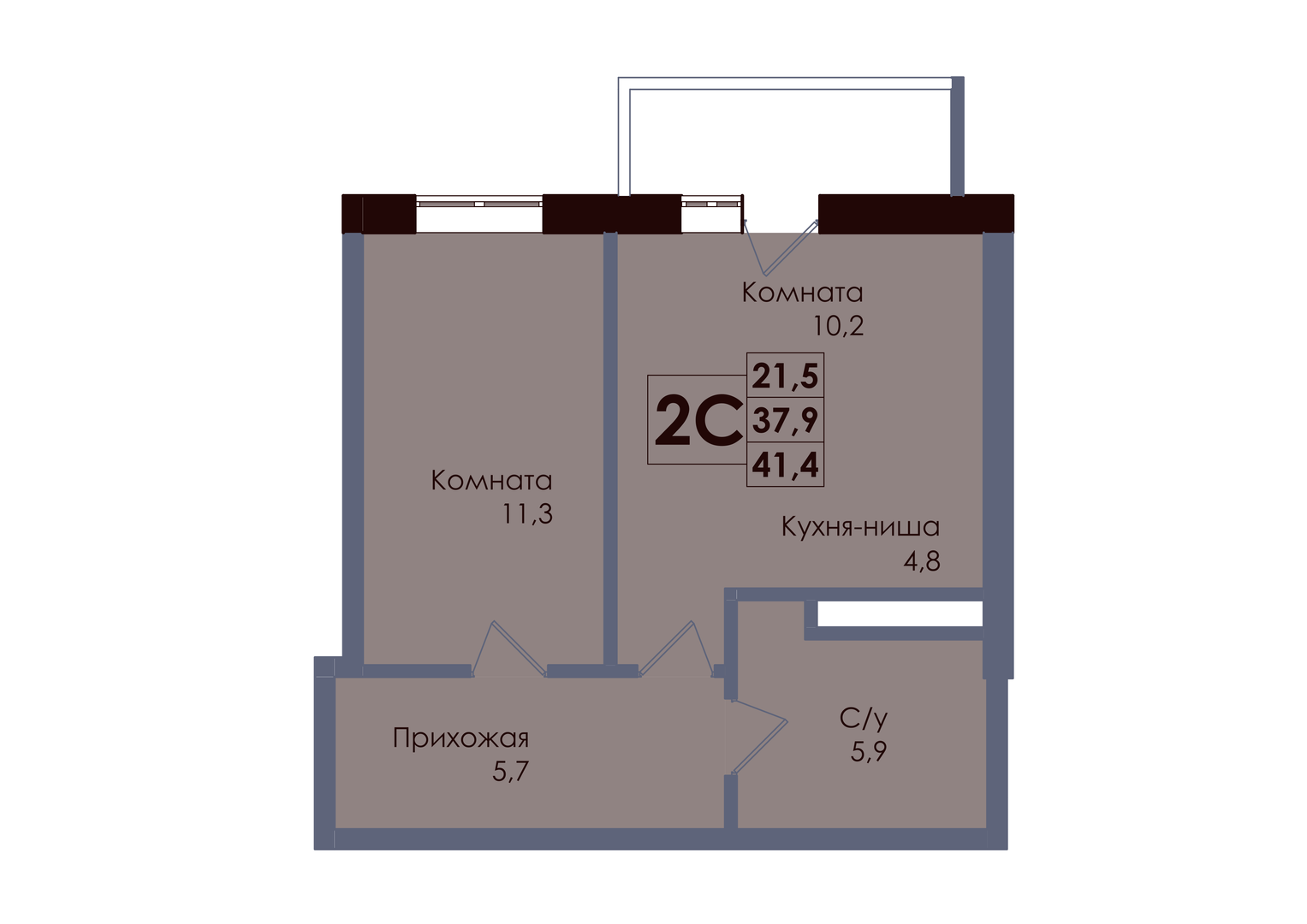 Планировка 2-комнатная 38,95 м²