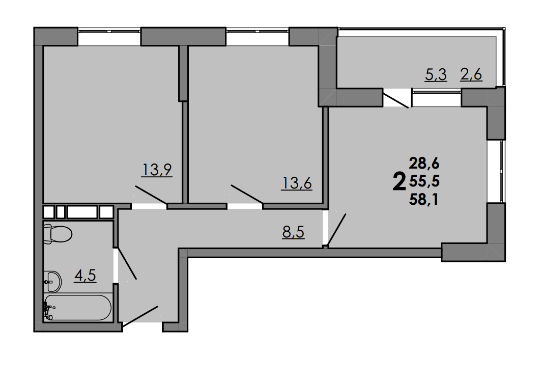 Планировка 2-комнатная 58 м²