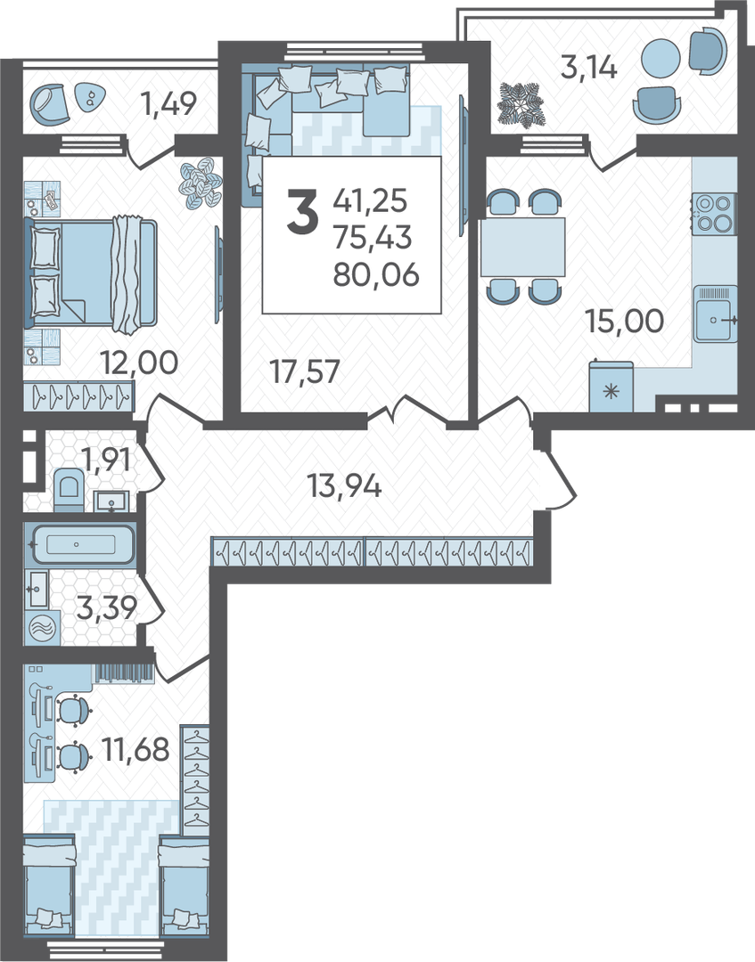 Планировка: 3-комн. квартира 80,1 м²