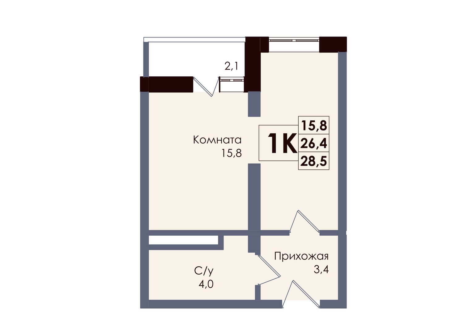 Планировка 1-комнатная 27,45 м²