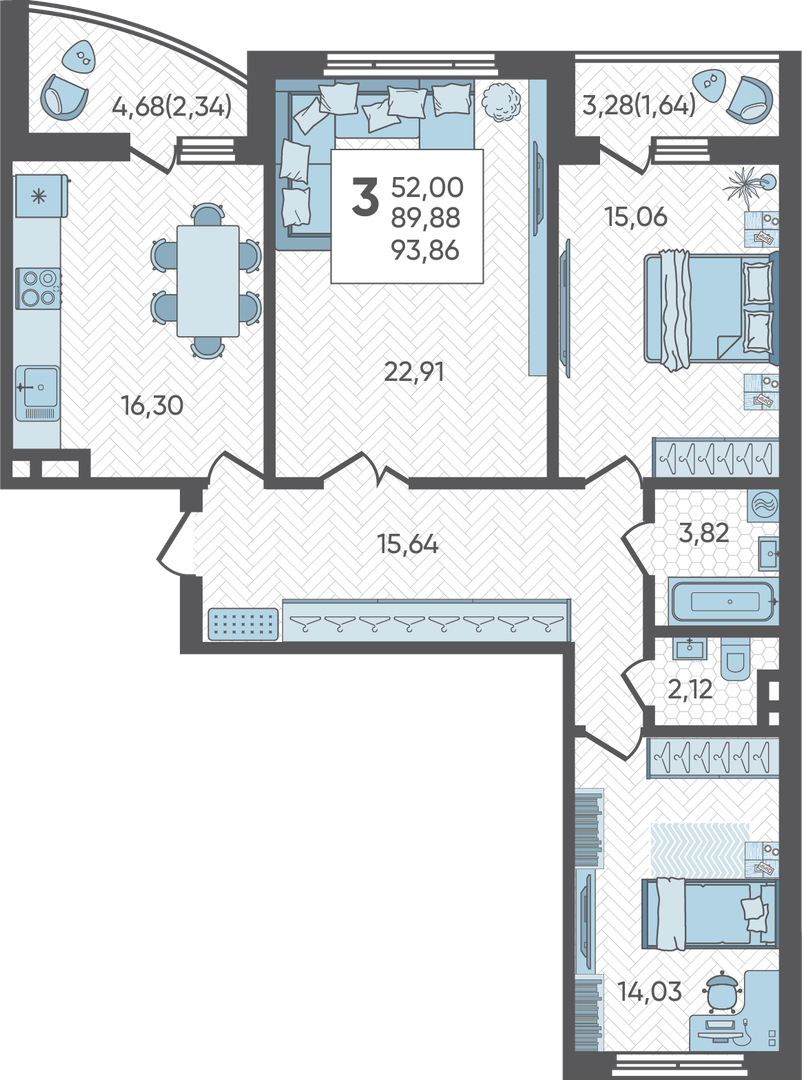 Планировка 3-комнатная 93,86 м²