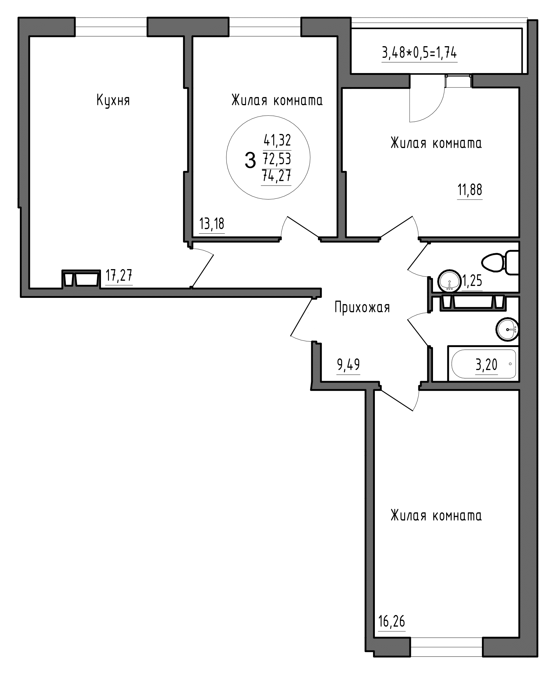 Планировка: 3-комн. квартира 74,3 м²
