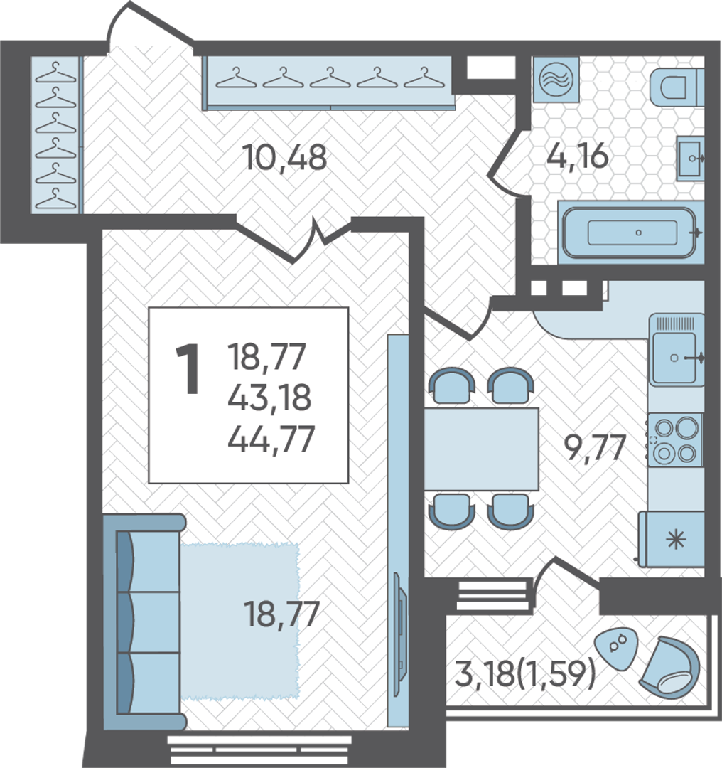 Планировка 1-комнатная 44,77 м²