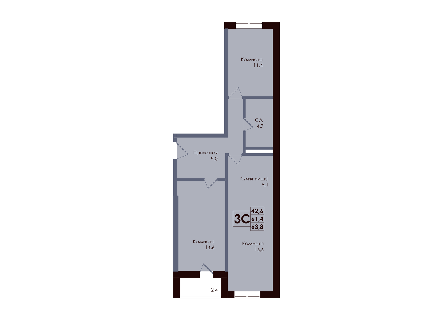 Планировка 3-комнатная 62,6 м²
