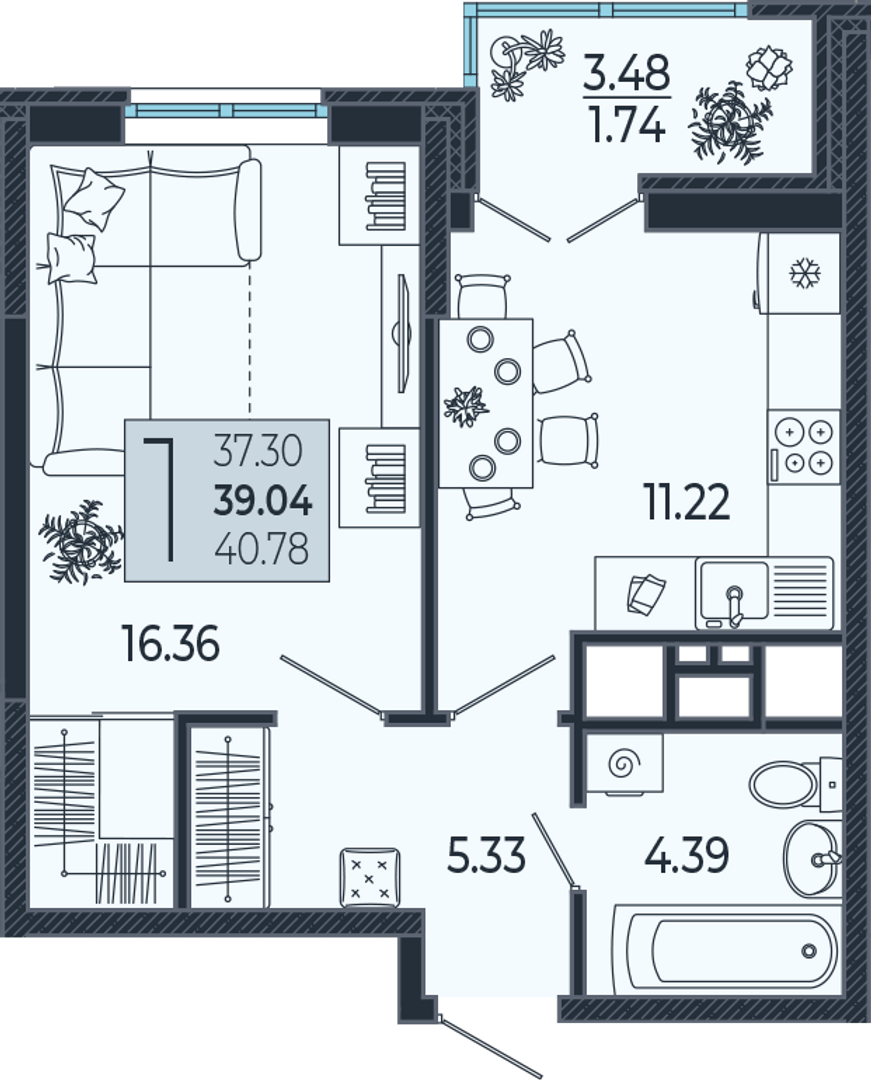Планировка 1-комнатная 38,75 м²