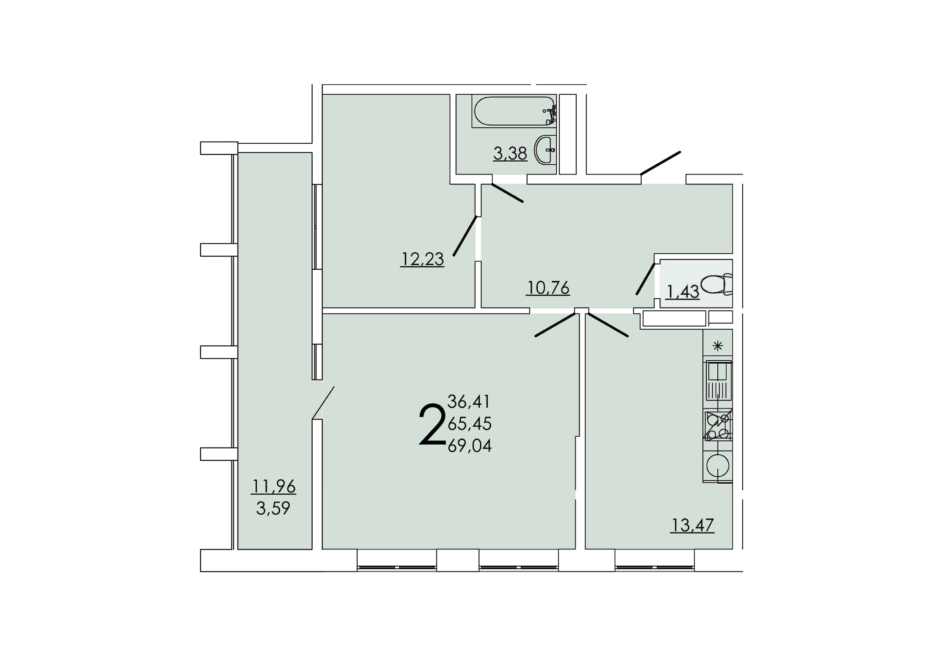 Планировка 2-комнатная 69,04 м²