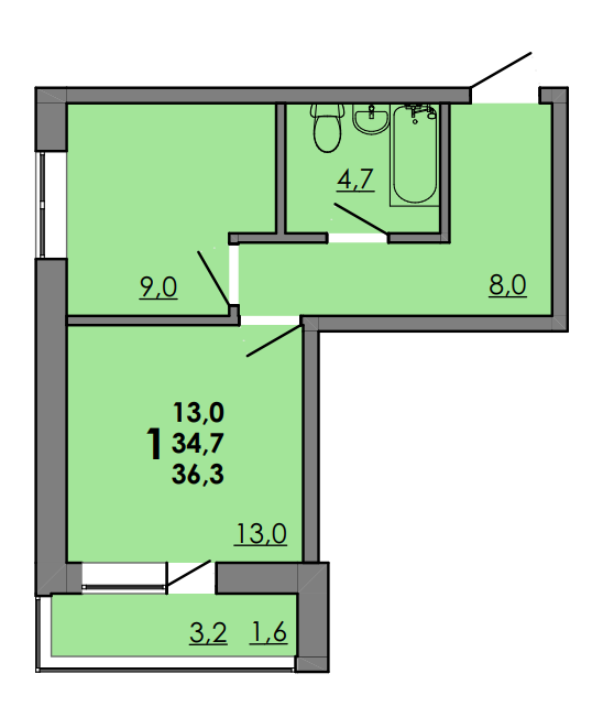 Планировка 1-комнатная 36,2 м²
