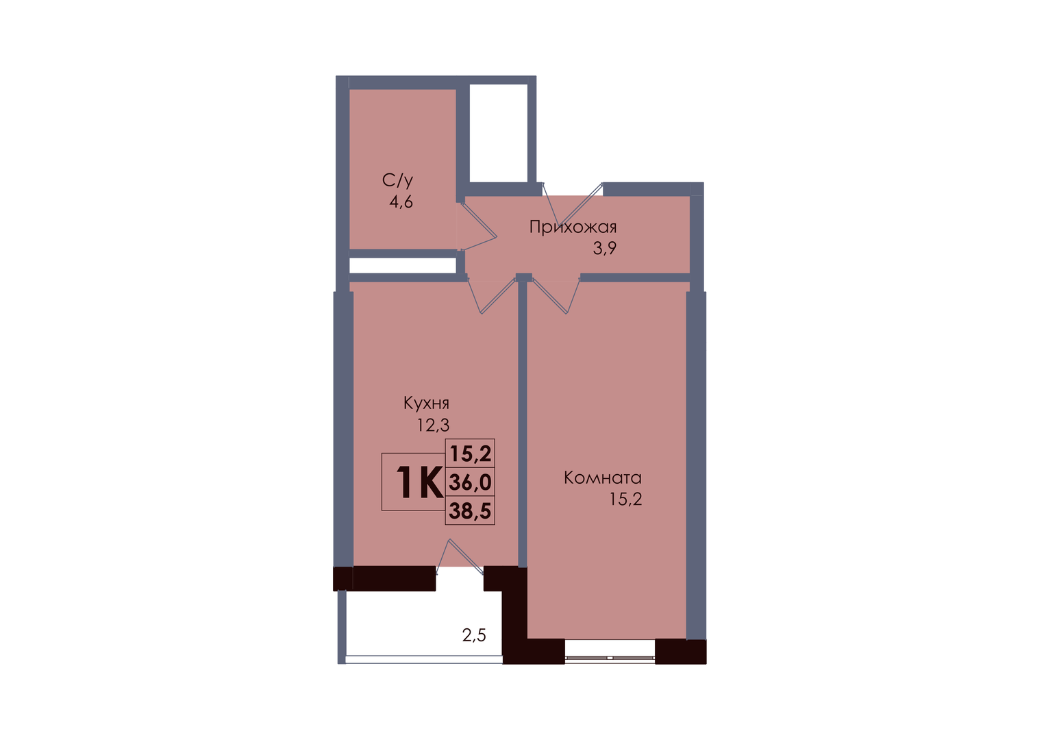 Планировка 1-комнатная 37,25 м²