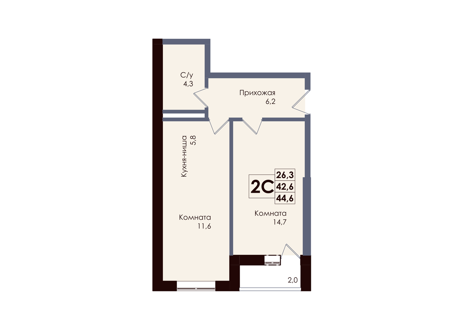 Планировка 2-комнатная 43,6 м²