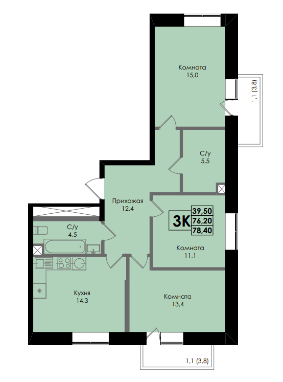Планировка 3-комнатная 78,4 м²
