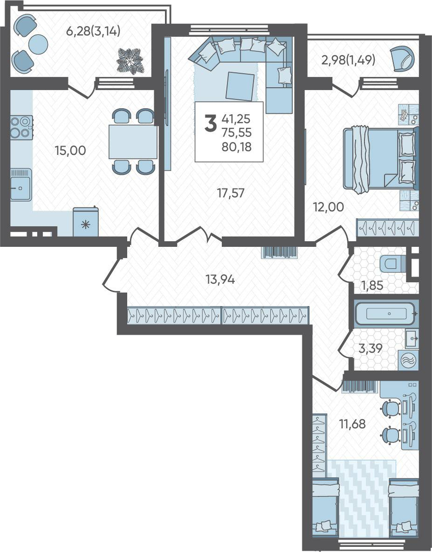 Планировка: 3-комн. квартира 80,2 м²