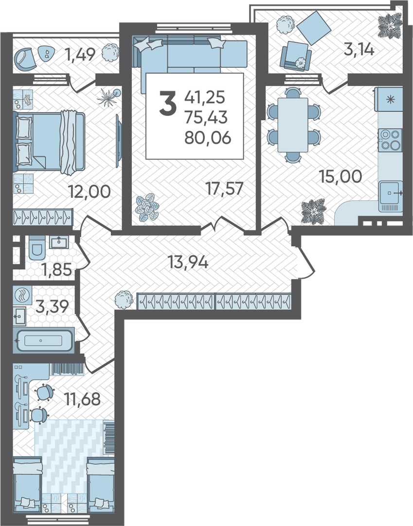 Планировка: 3-комн. квартира 80,1 м²