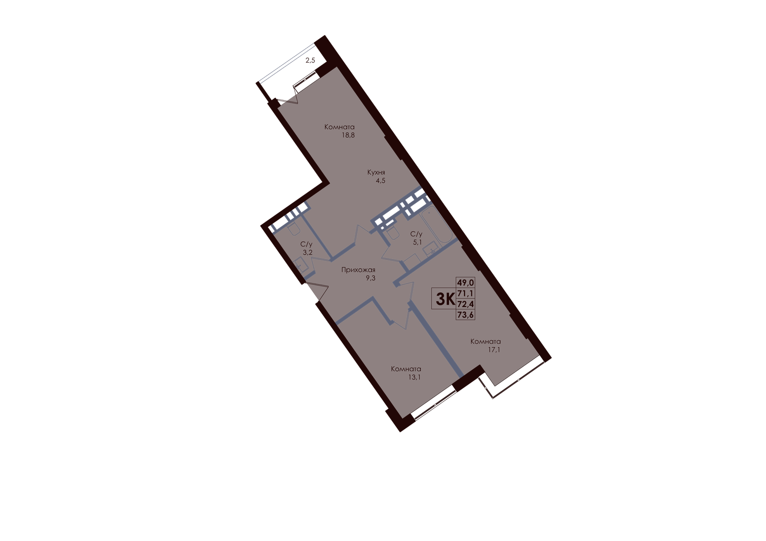 Планировка 3-комнатная 73,05 м²