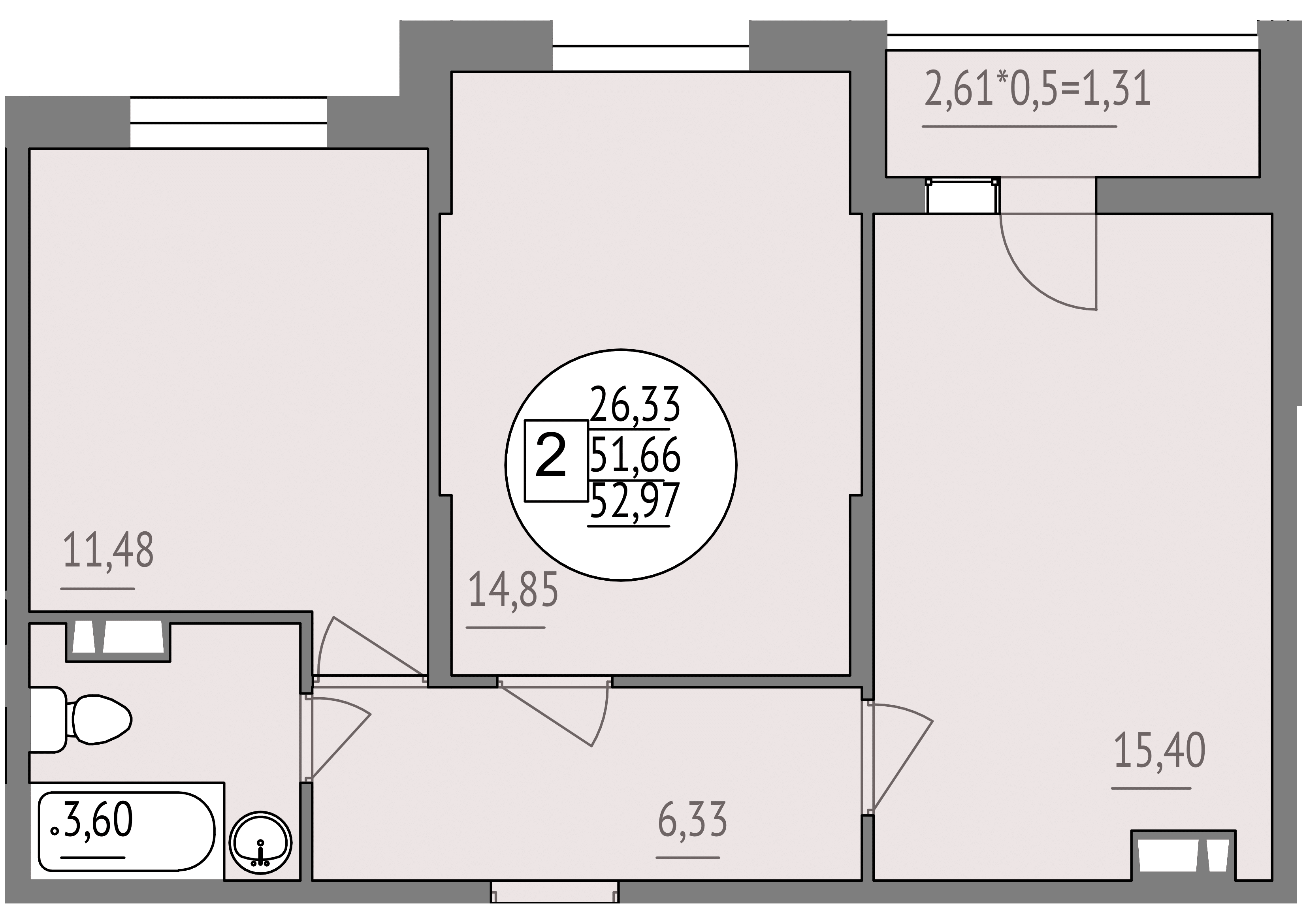 Планировка: 2-комн. квартира 53 м²