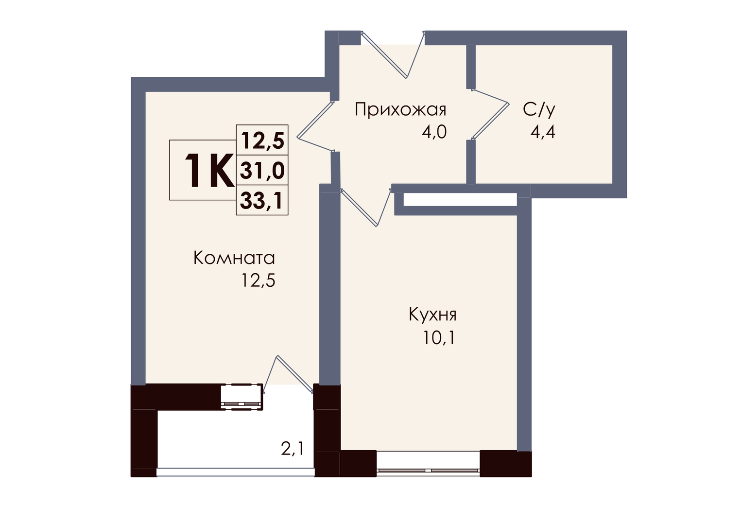 Планировка 1-комнатная 32,05 м²